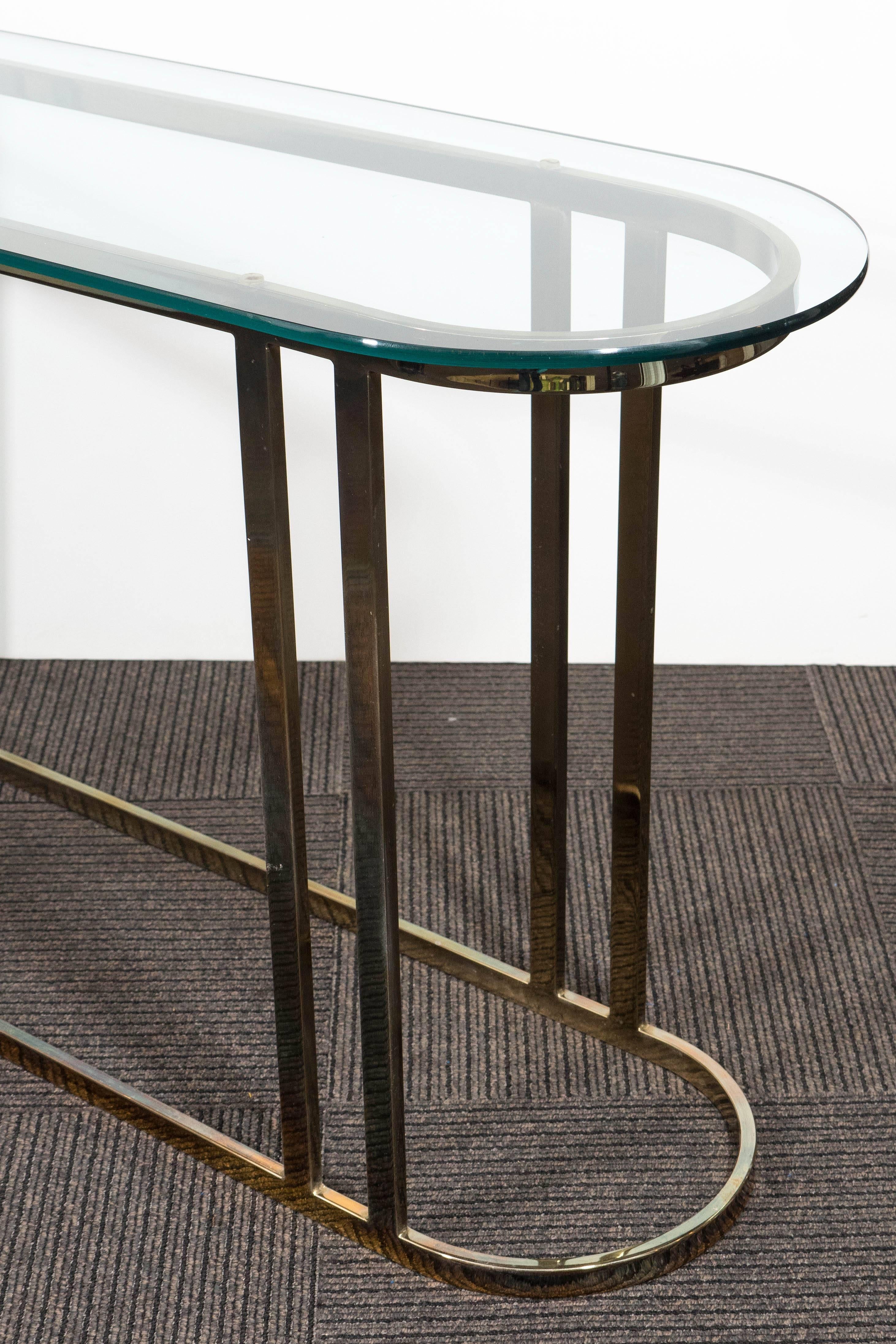 Polished Midcentury Glass Top Console on Curved Brass Base