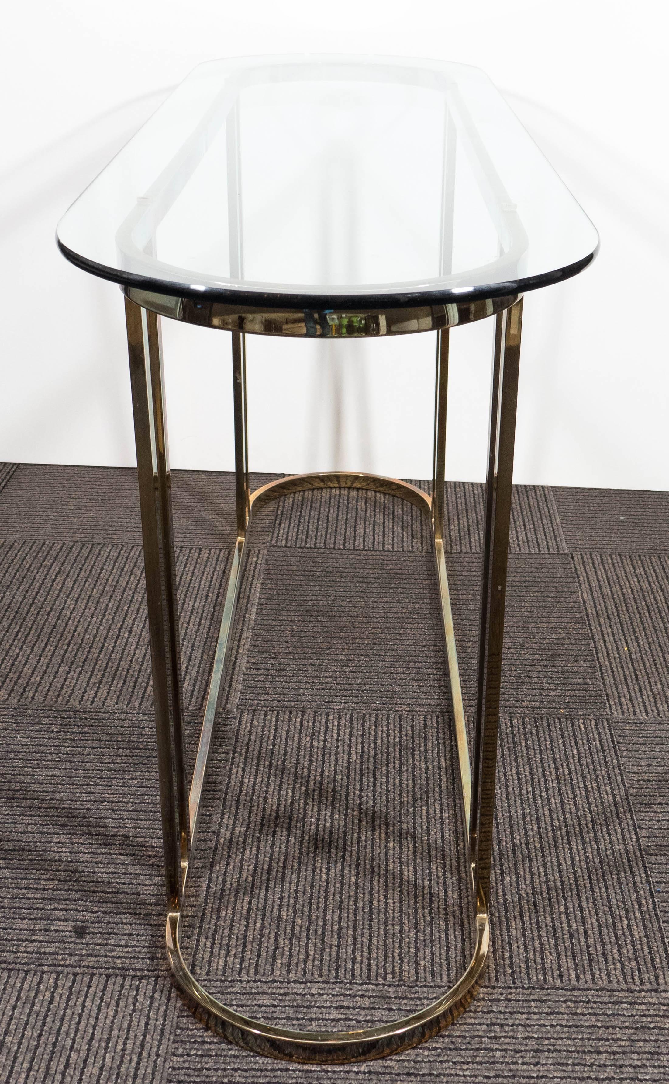 Midcentury Glass Top Console on Curved Brass Base In Good Condition In New York, NY