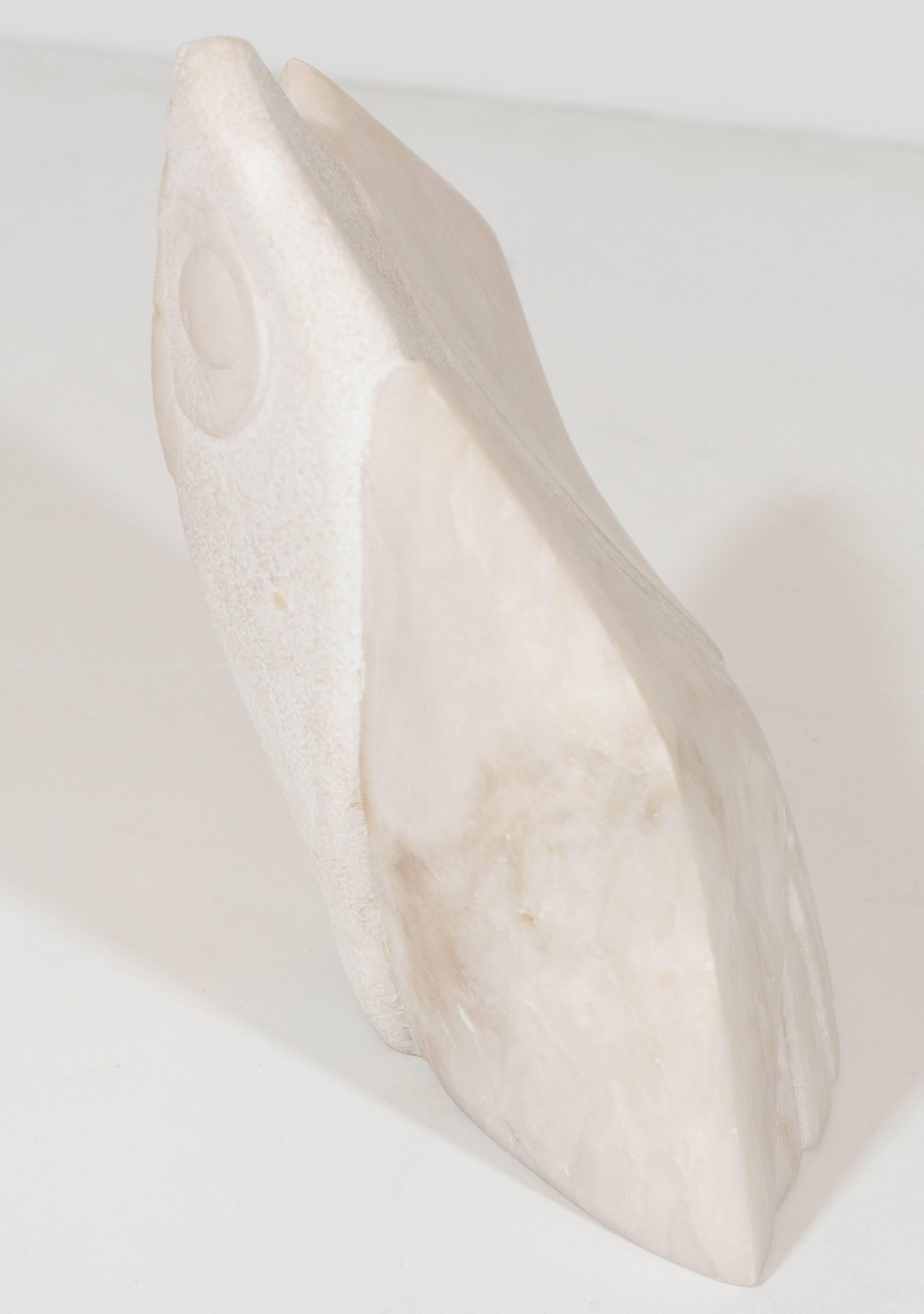 Owl Sculpture in Carved Marble, Signed and Dated 1