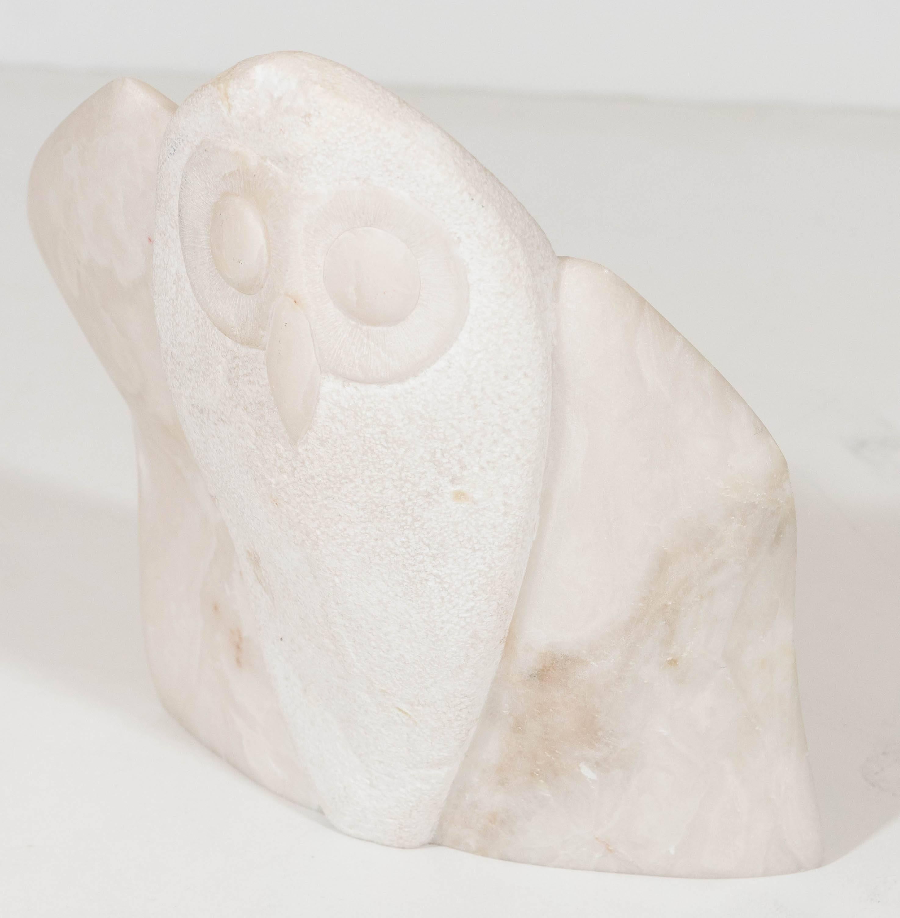 Owl Sculpture in Carved Marble, Signed and Dated 2