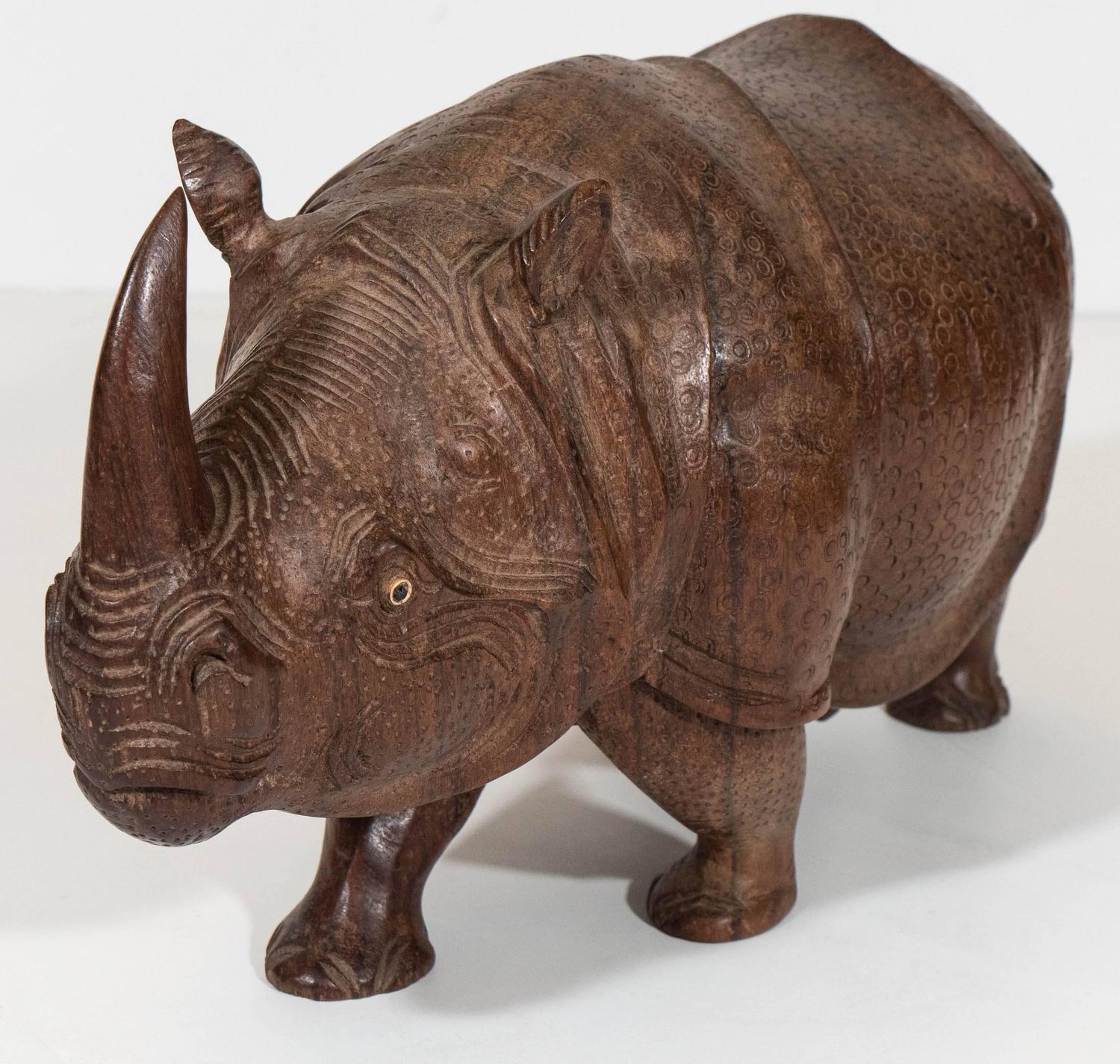 MidCentury Carved Wooden Rhino Sculpture For Sale at 1stdibs