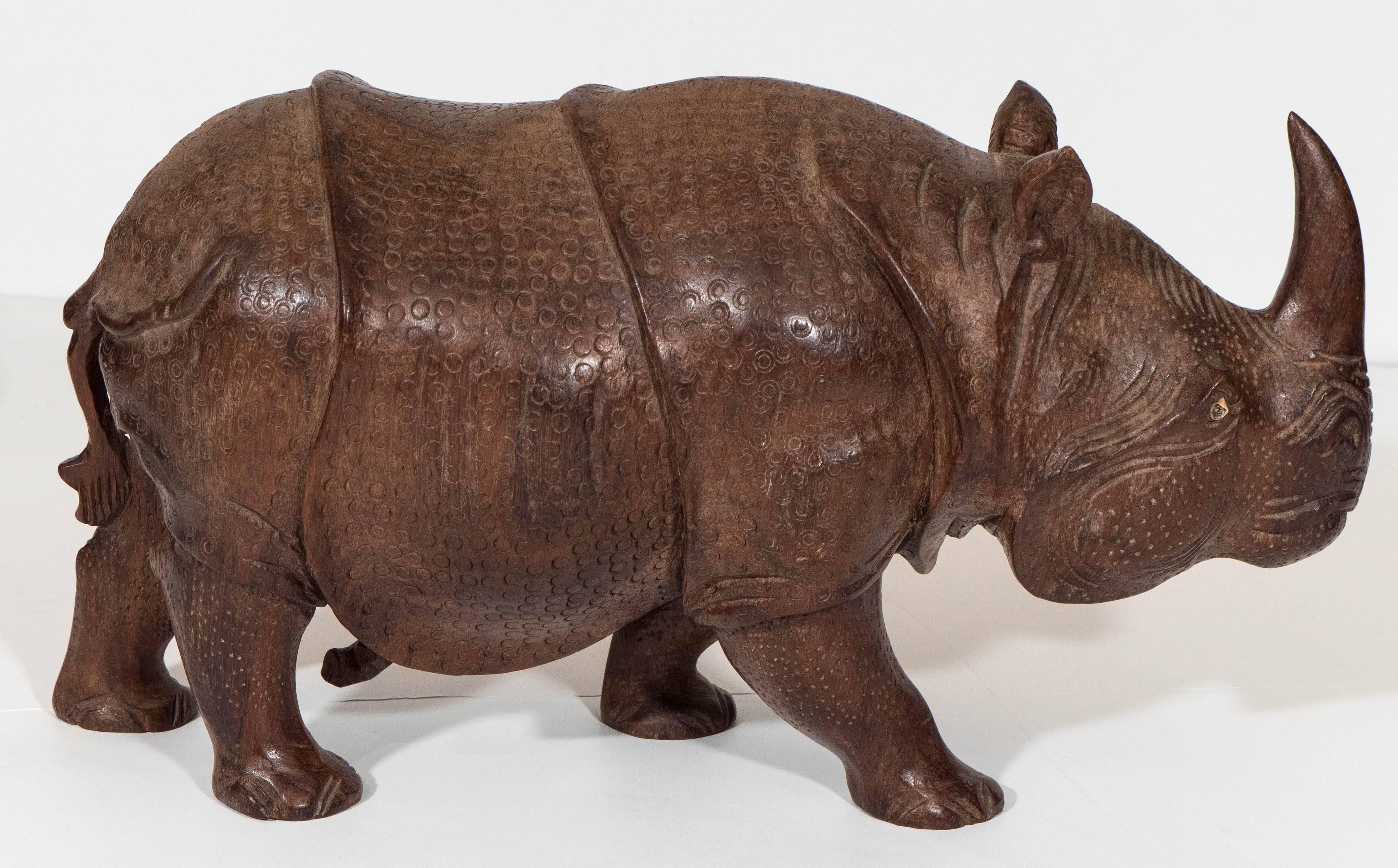 20th Century Mid-Century Carved Wooden Rhino Sculpture