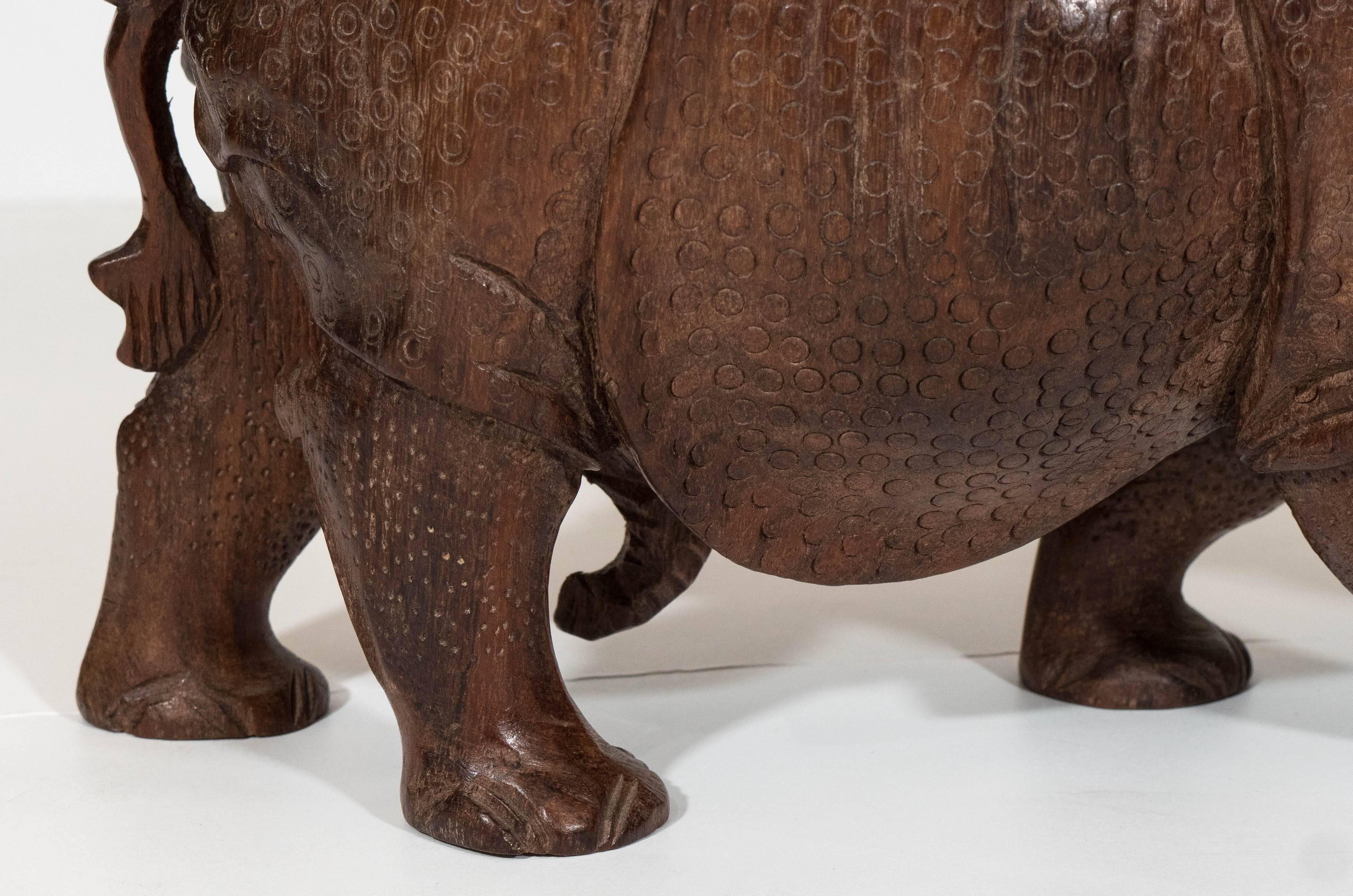 Mid-Century Carved Wooden Rhino Sculpture 1