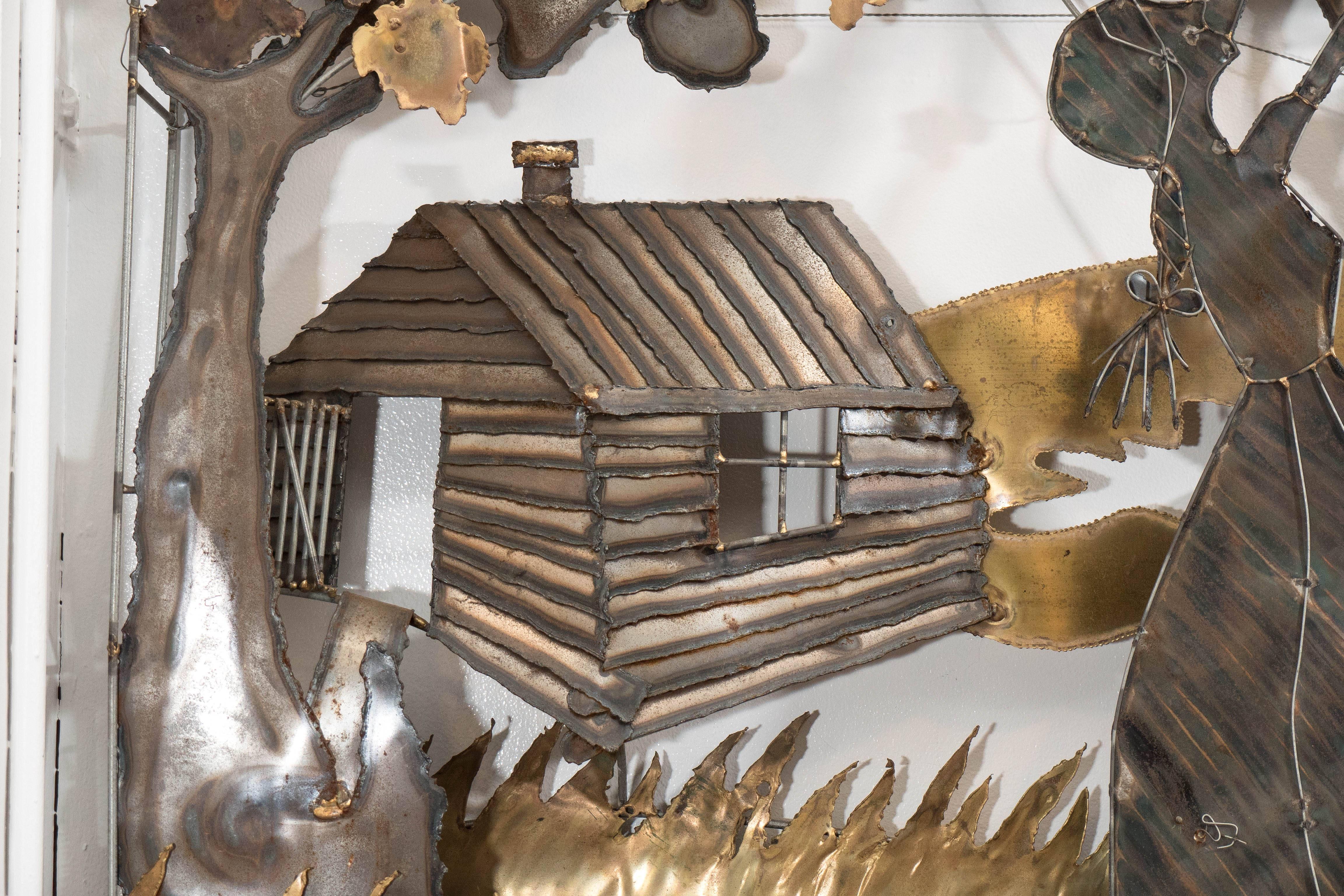 Mixed Metal Wall Sculpture of a Rural Scene in the Style of Curtis Jere In Good Condition In New York, NY