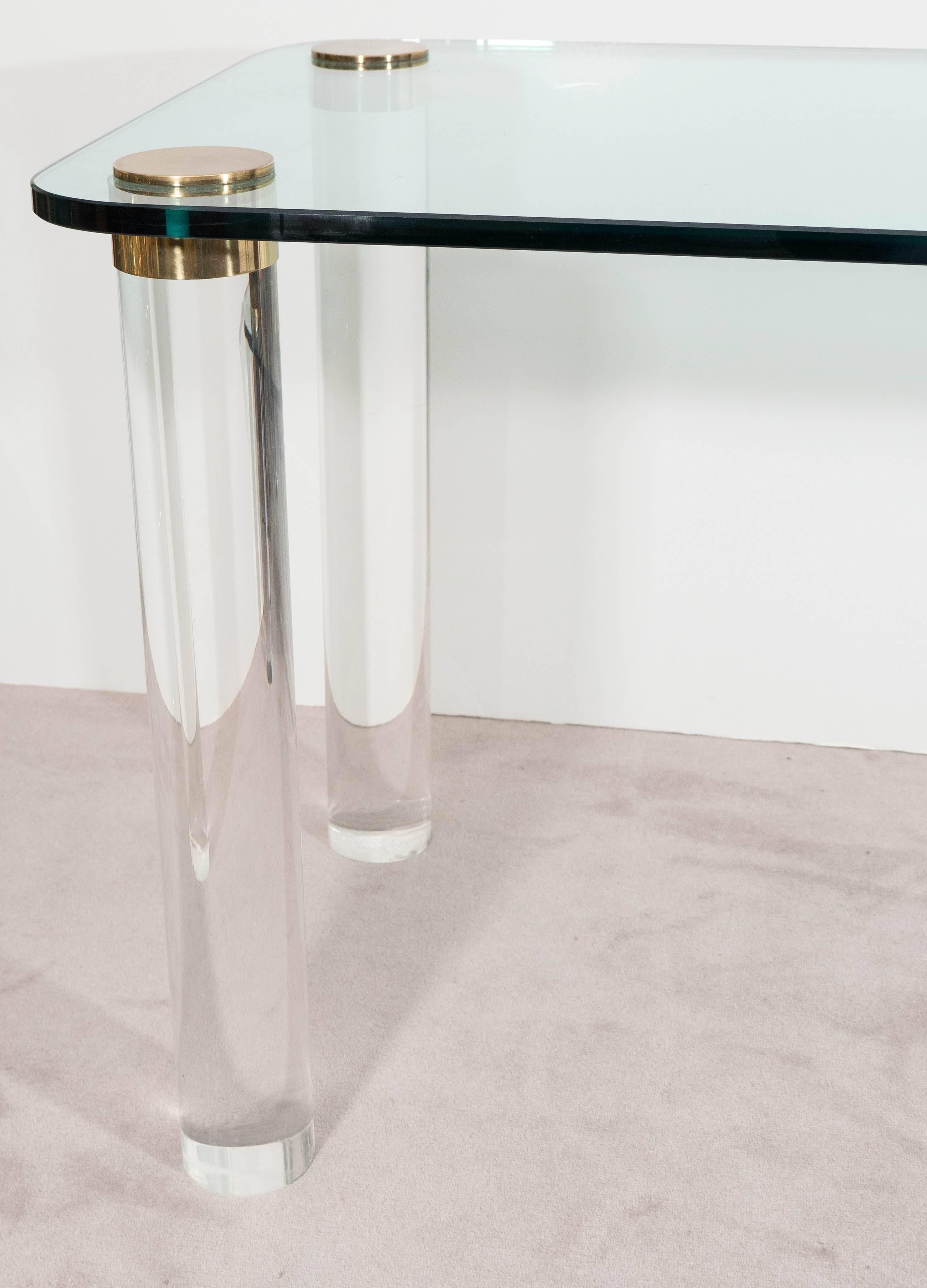 Mid-Century Modern Pace Collection Glass Top Console Table and Desk on Brass Capped Lucite Legs