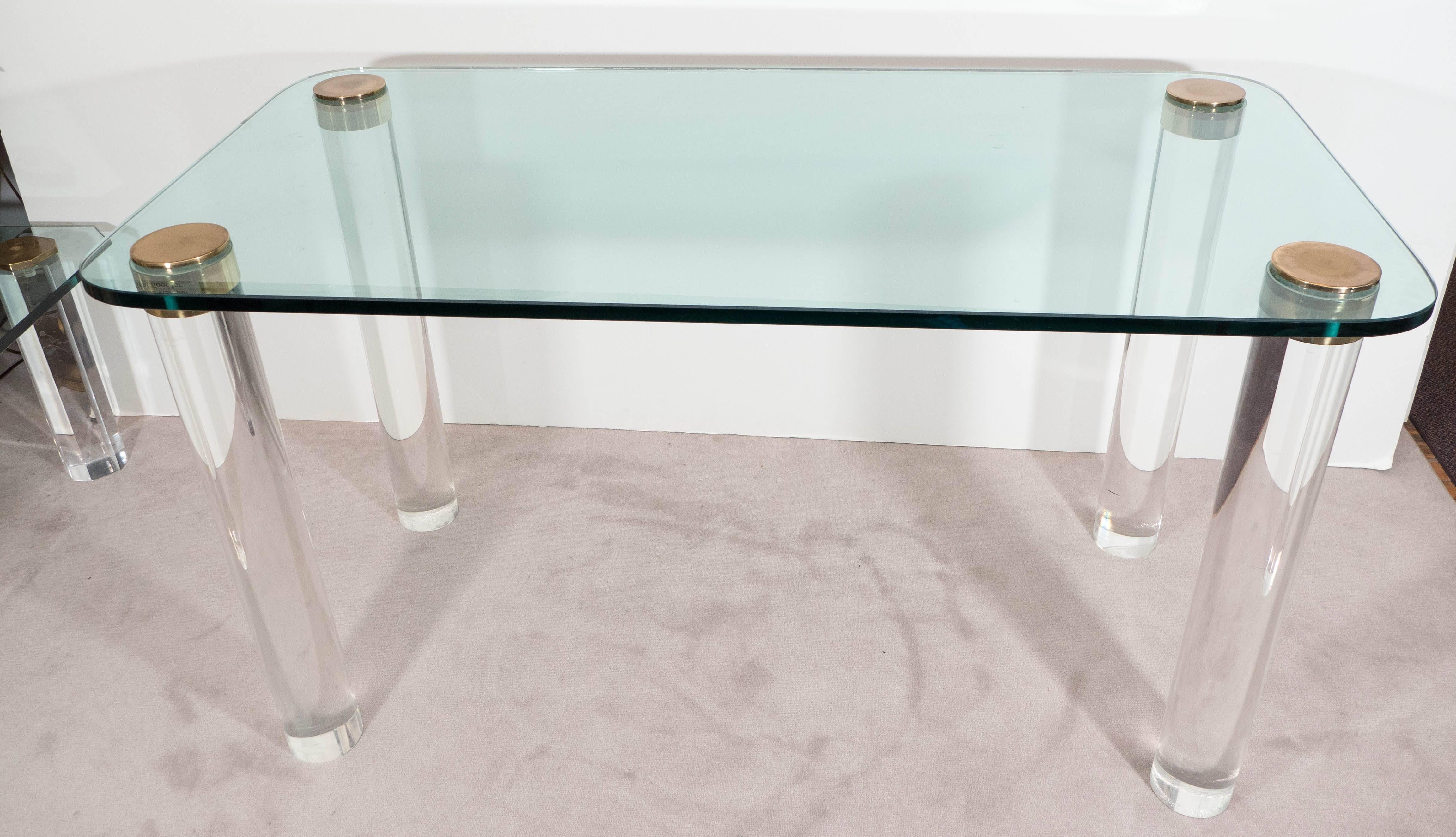 American Pace Collection Glass Top Console Table and Desk on Brass Capped Lucite Legs