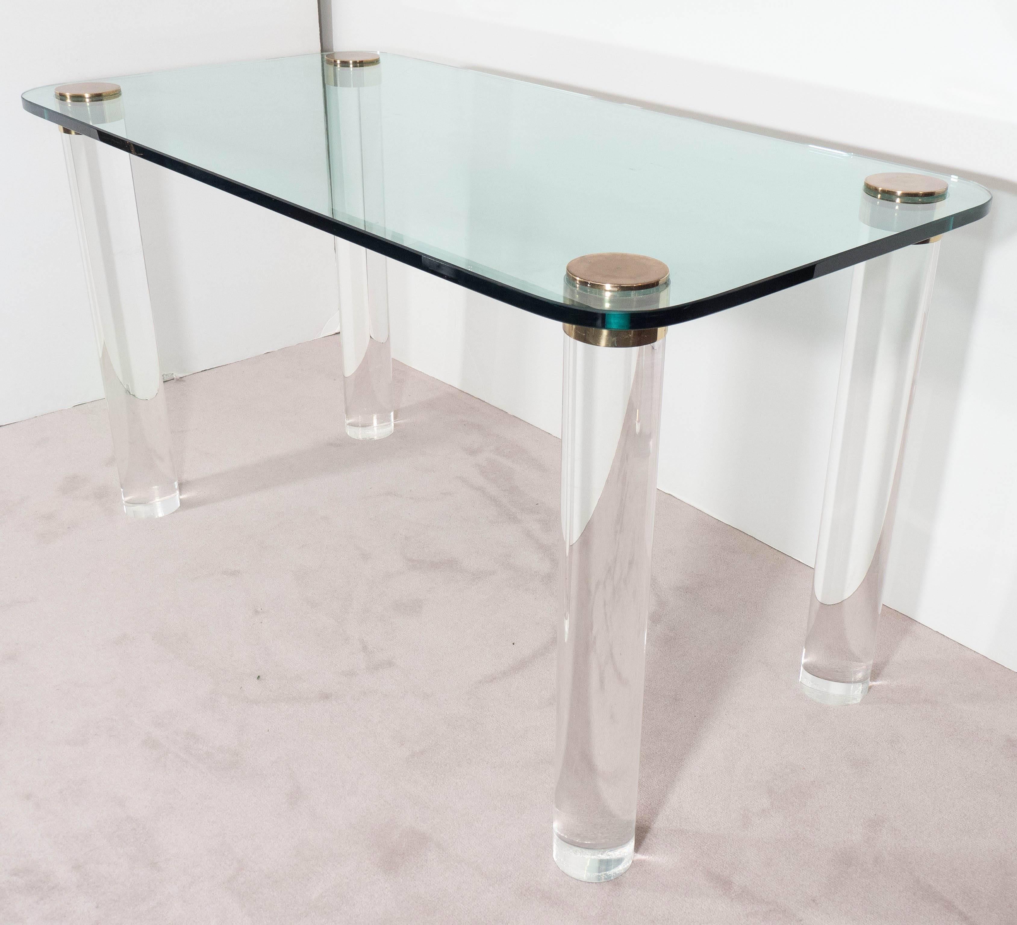 Late 20th Century Pace Collection Glass Top Console Table and Desk on Brass Capped Lucite Legs