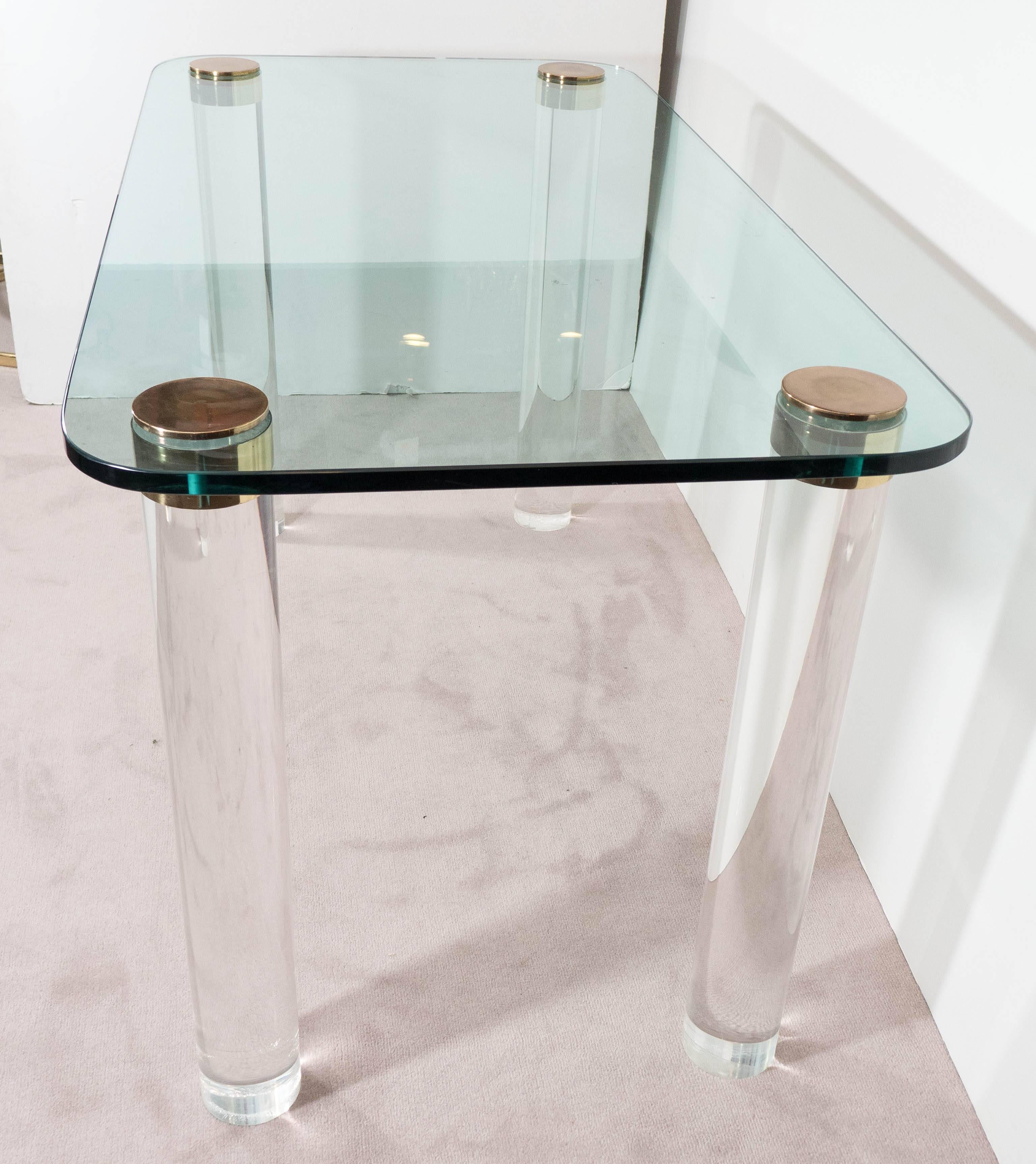 Pace Collection Glass Top Console Table and Desk on Brass Capped Lucite Legs 2