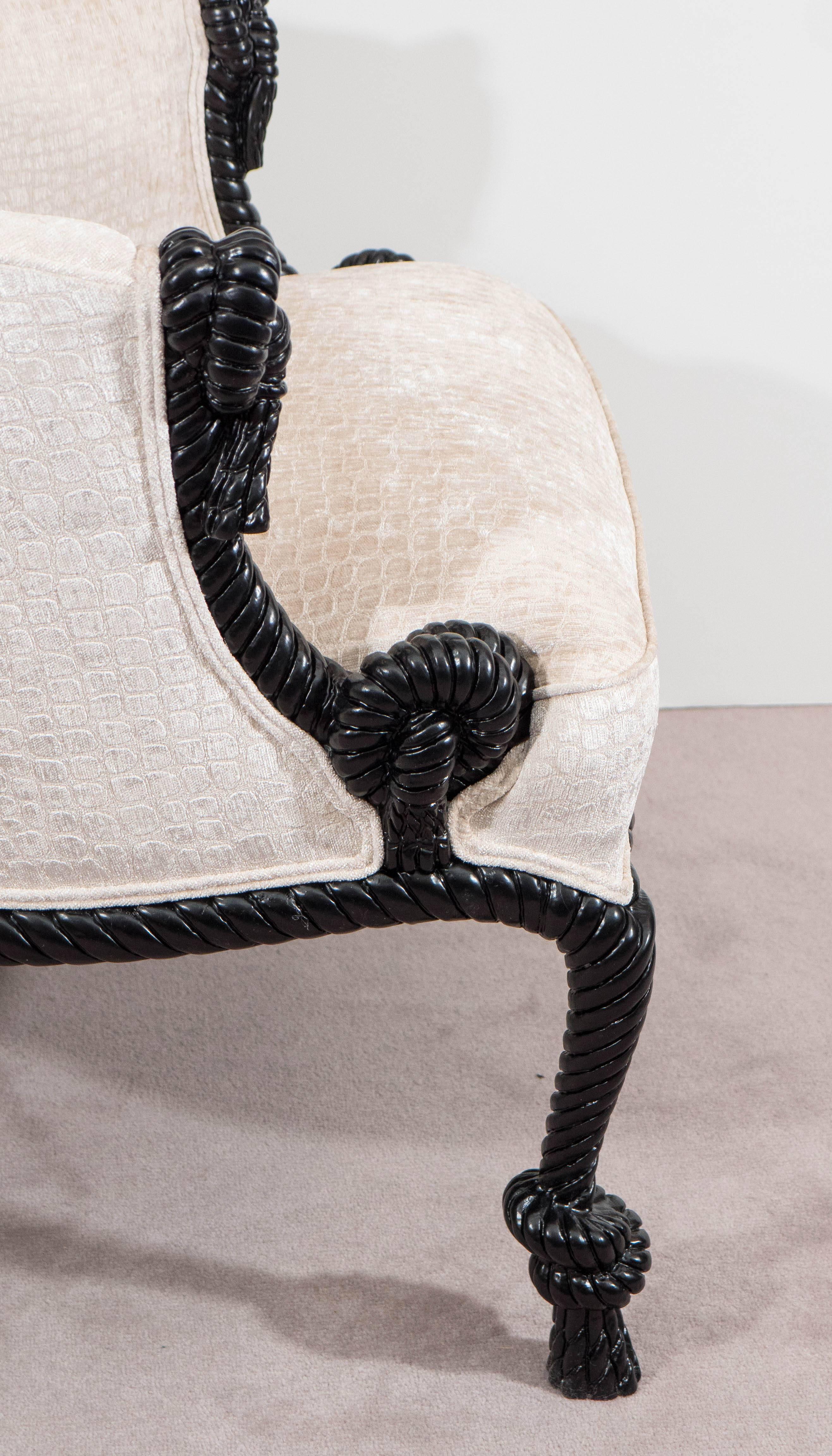 Fabric Italian Napoleon III Style Armchair with Rope and Tassel Motif
