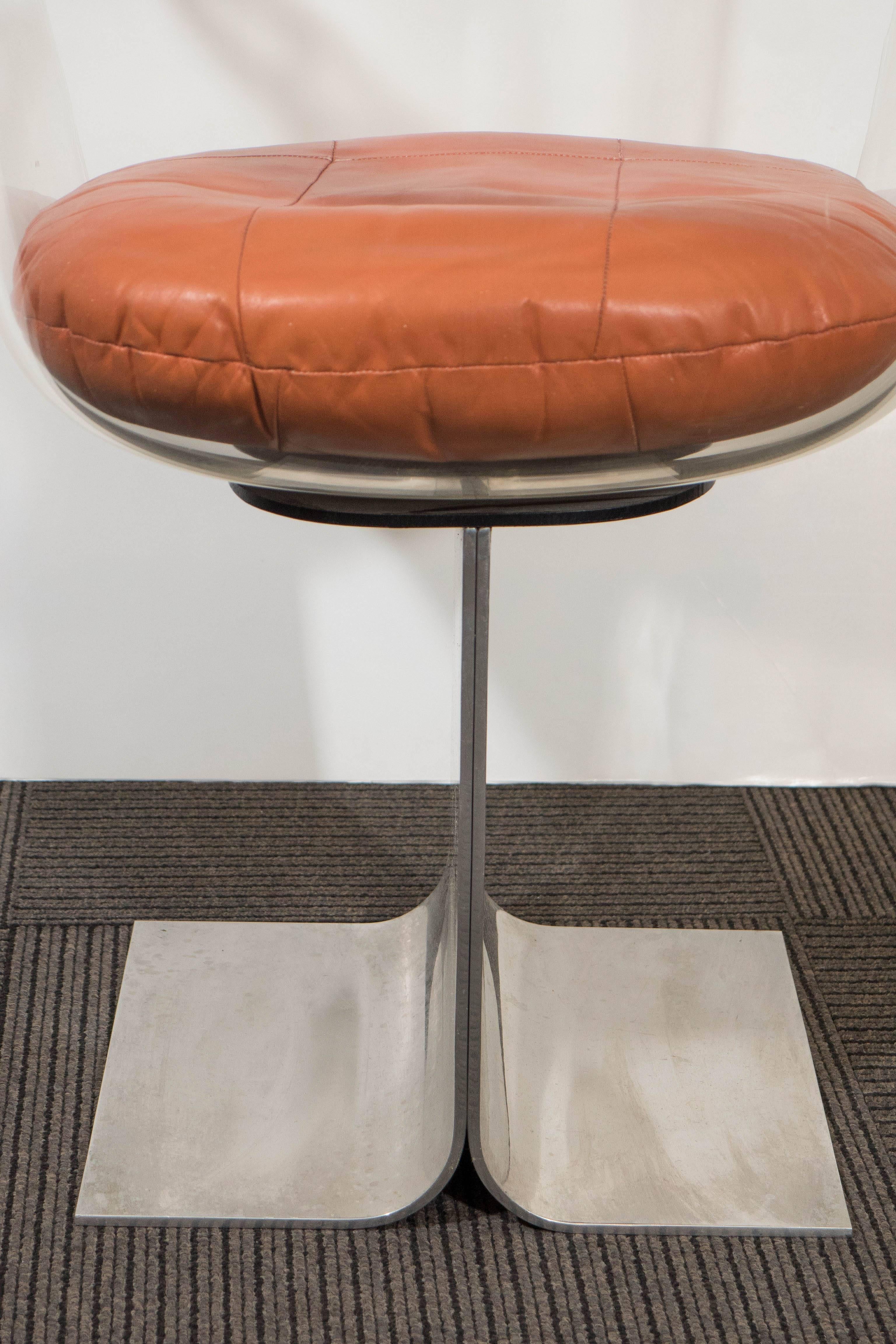 Pace Collection 1970s Acrylic Swivel Armchair on Aluminum Base with Leather Seat 2