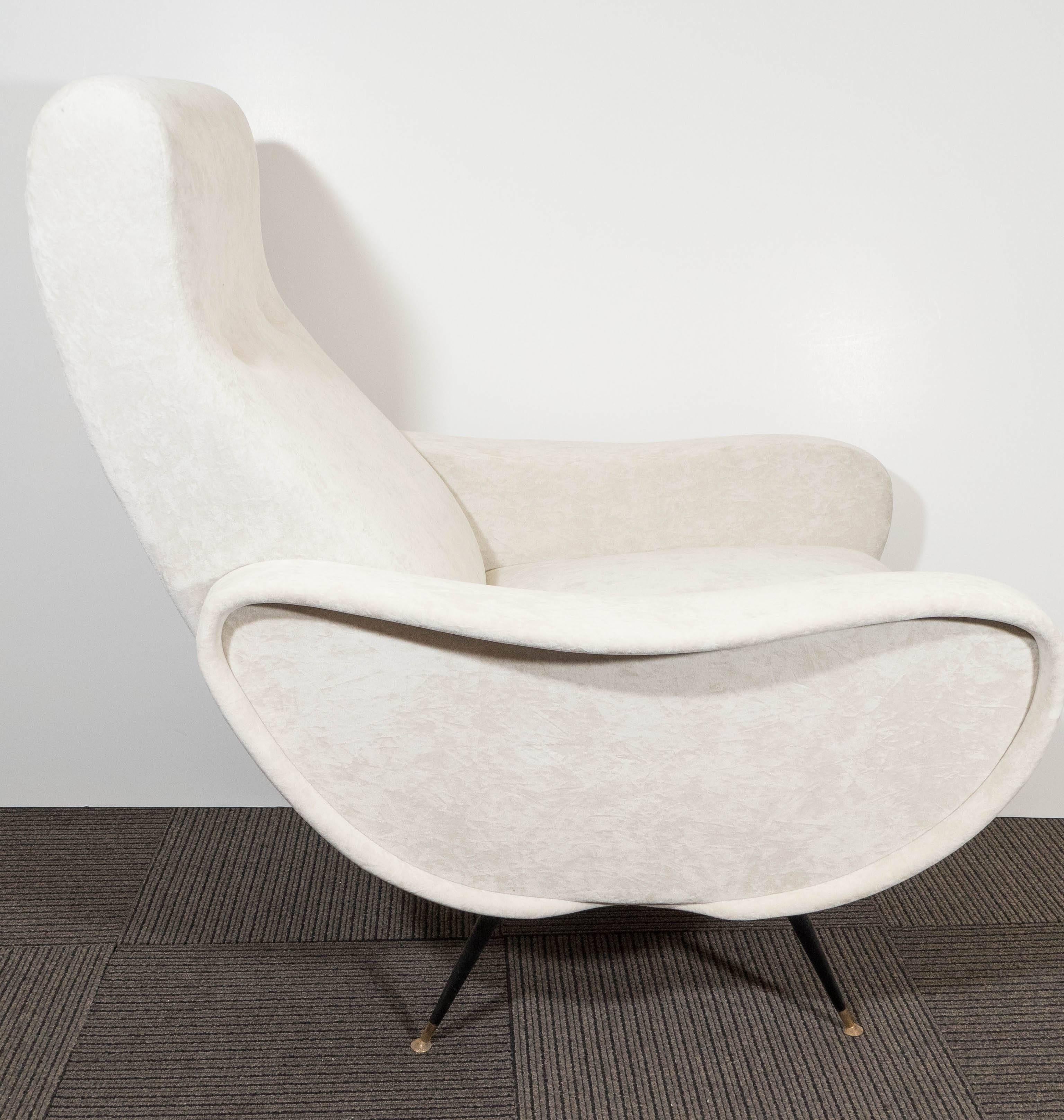 20th Century Pair of Italian Midcentury White Velvet Armchairs in the Style of Marco Zanuso