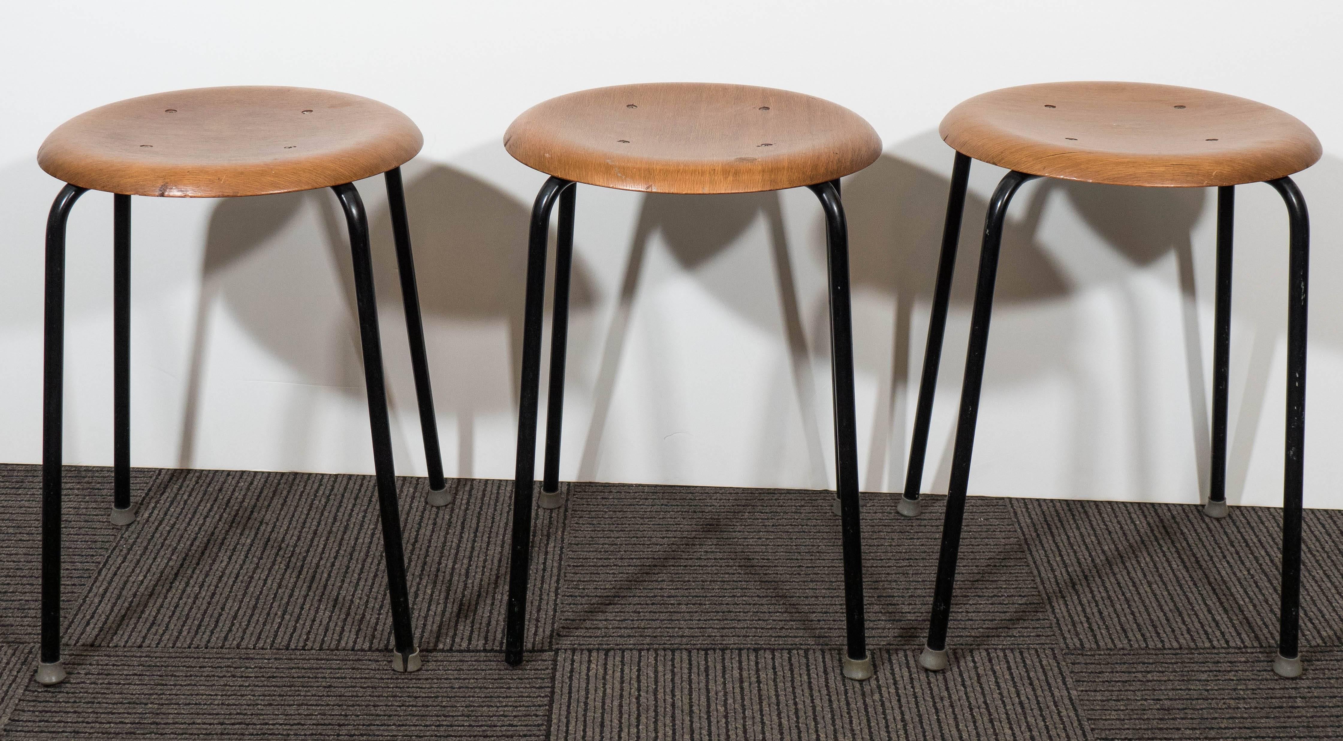 Scandinavian Modern Set of Three 1960s Danish Stools with Teak Plywood Seats on Black Metal Legs