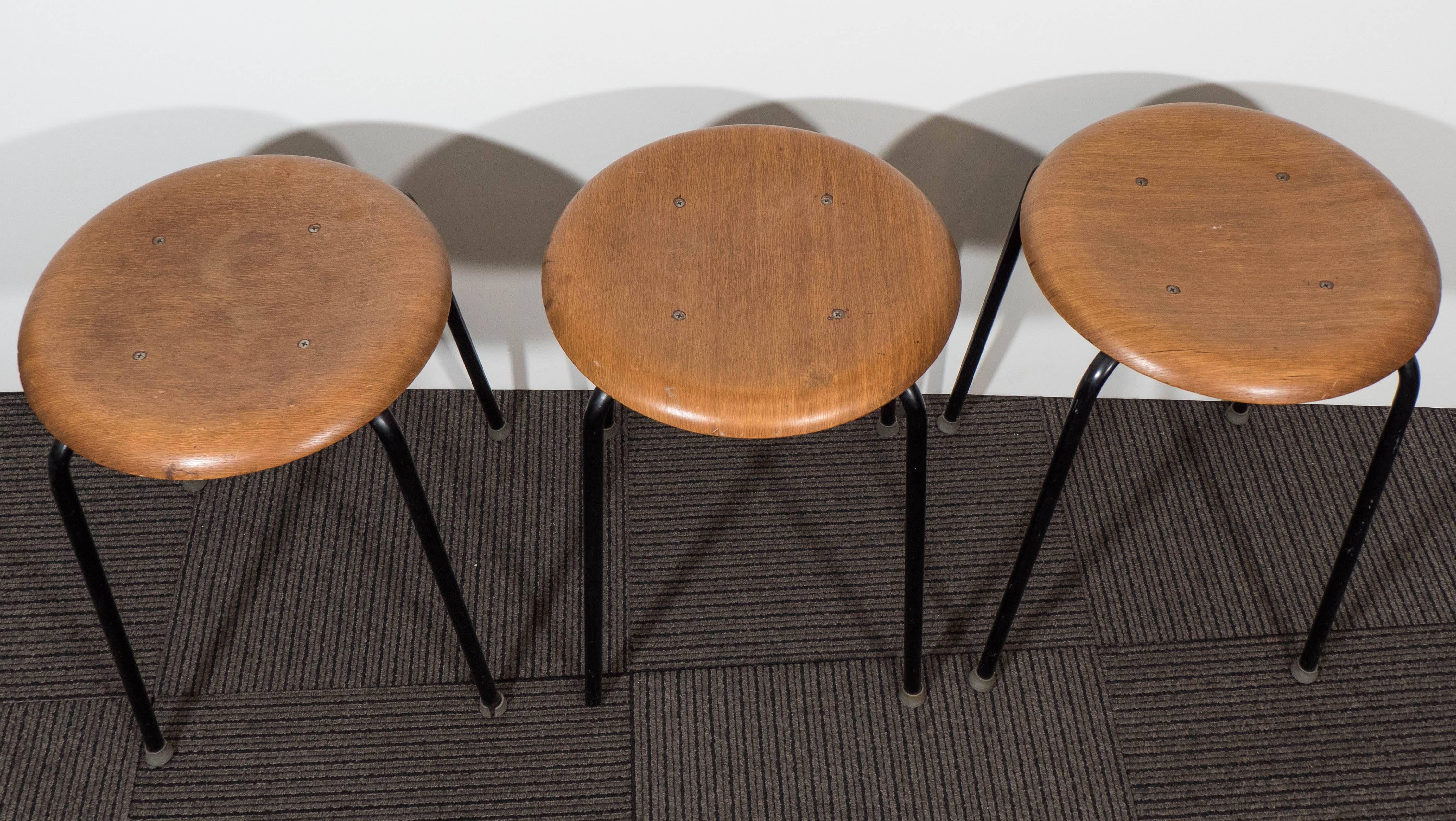 Enameled Set of Three 1960s Danish Stools with Teak Plywood Seats on Black Metal Legs