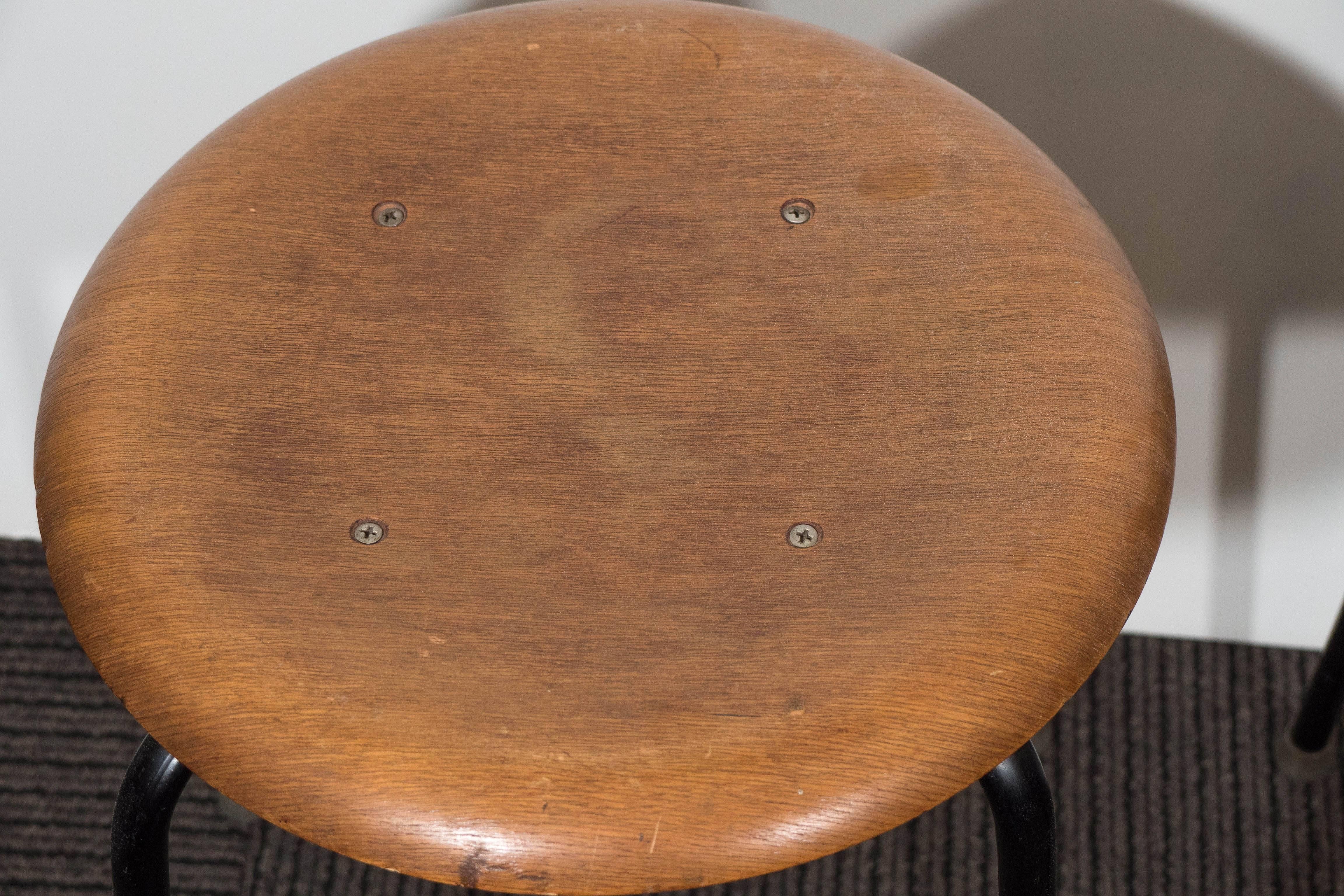 Set of Three 1960s Danish Stools with Teak Plywood Seats on Black Metal Legs In Good Condition In Astoria, NY