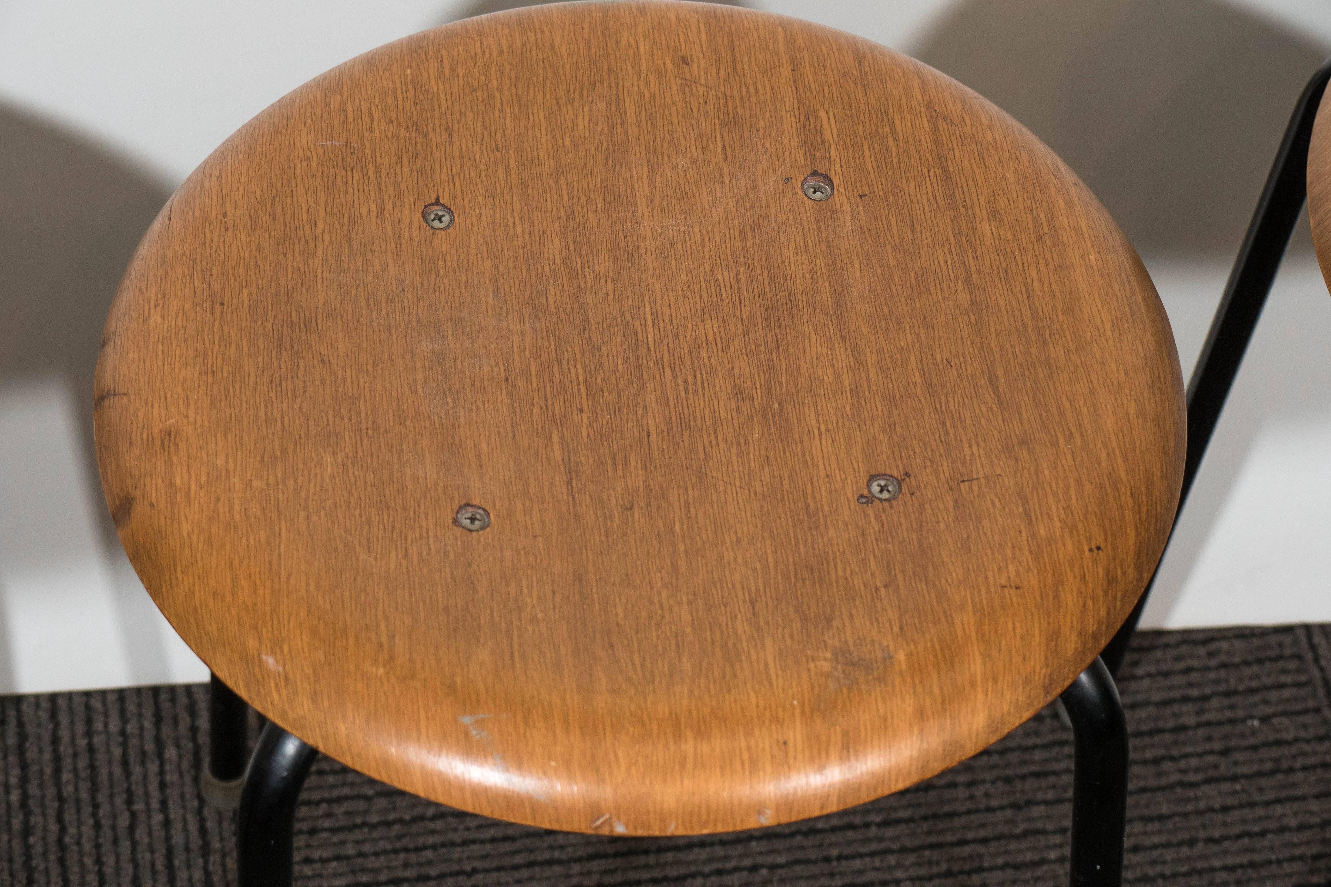 20th Century Set of Three 1960s Danish Stools with Teak Plywood Seats on Black Metal Legs