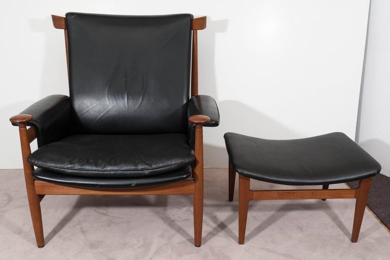 Finn Juhl 'Bwana' Teak Armchair and Ottoman in Black Leather for France and Son at 1stDibs