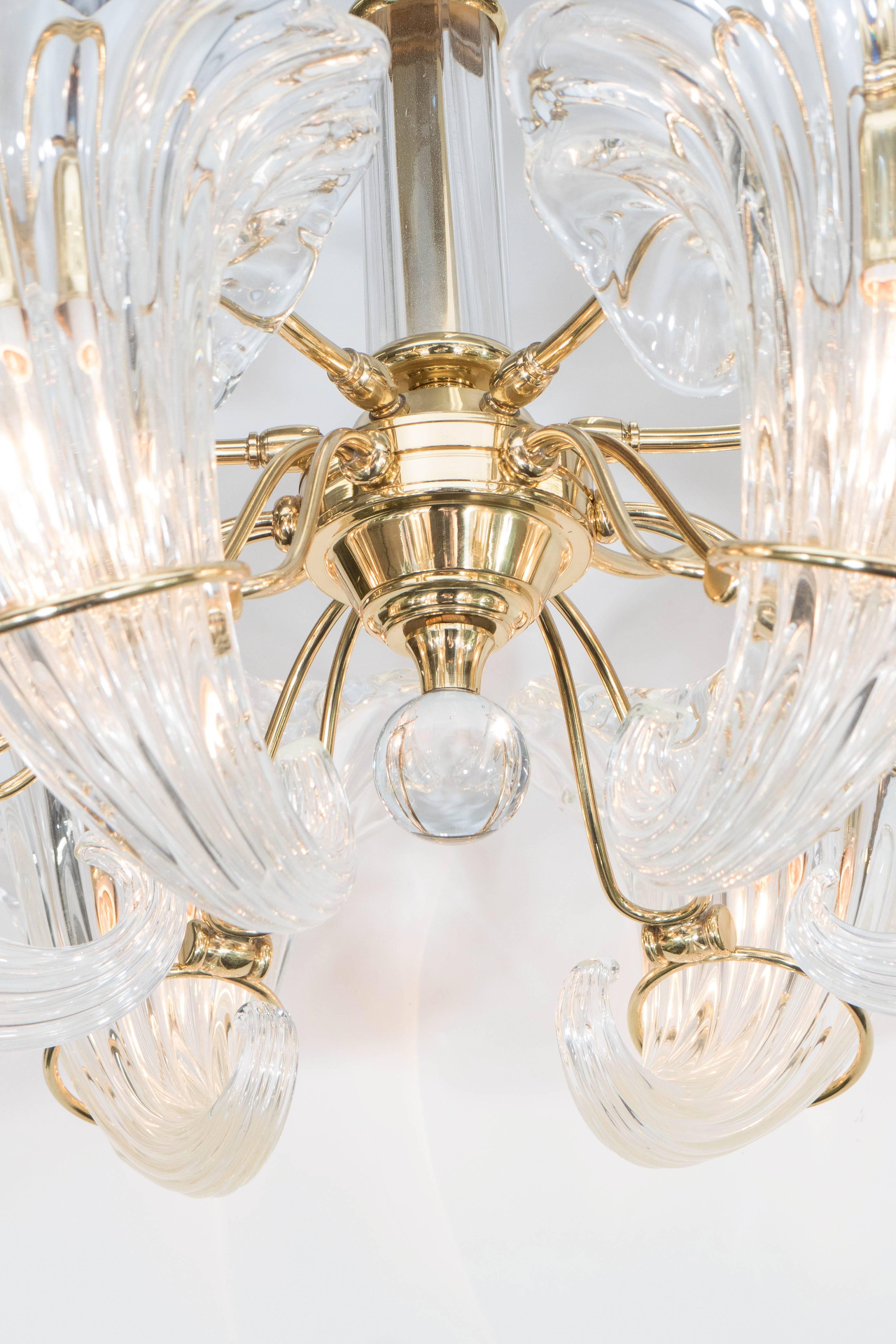 Mid-Century Franco Luce Murano Glass Cornucopia Chandelier with Brass Frame In Good Condition In New York, NY