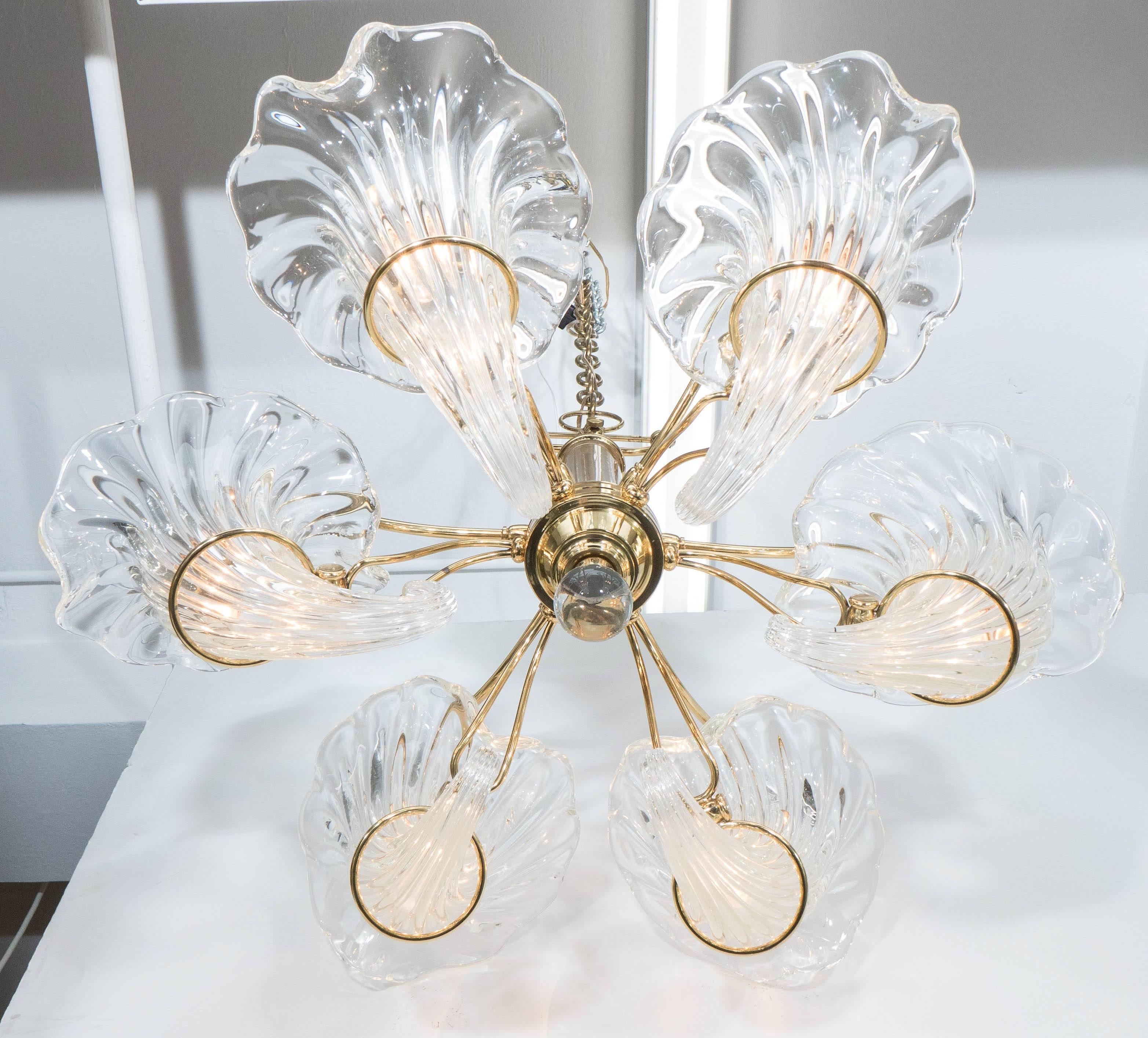Late 20th Century Mid-Century Franco Luce Murano Glass Cornucopia Chandelier with Brass Frame