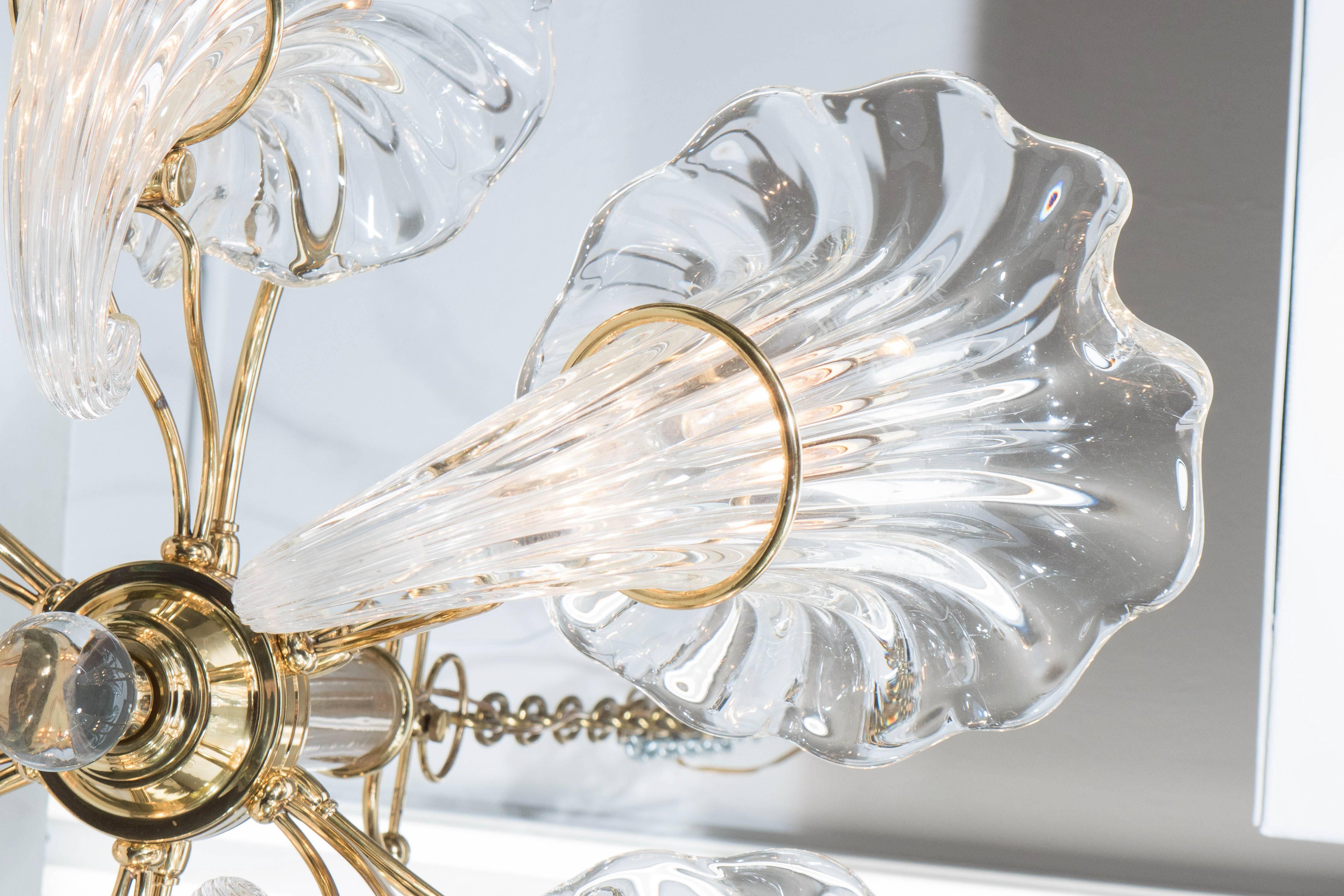 Mid-Century Franco Luce Murano Glass Cornucopia Chandelier with Brass Frame 2