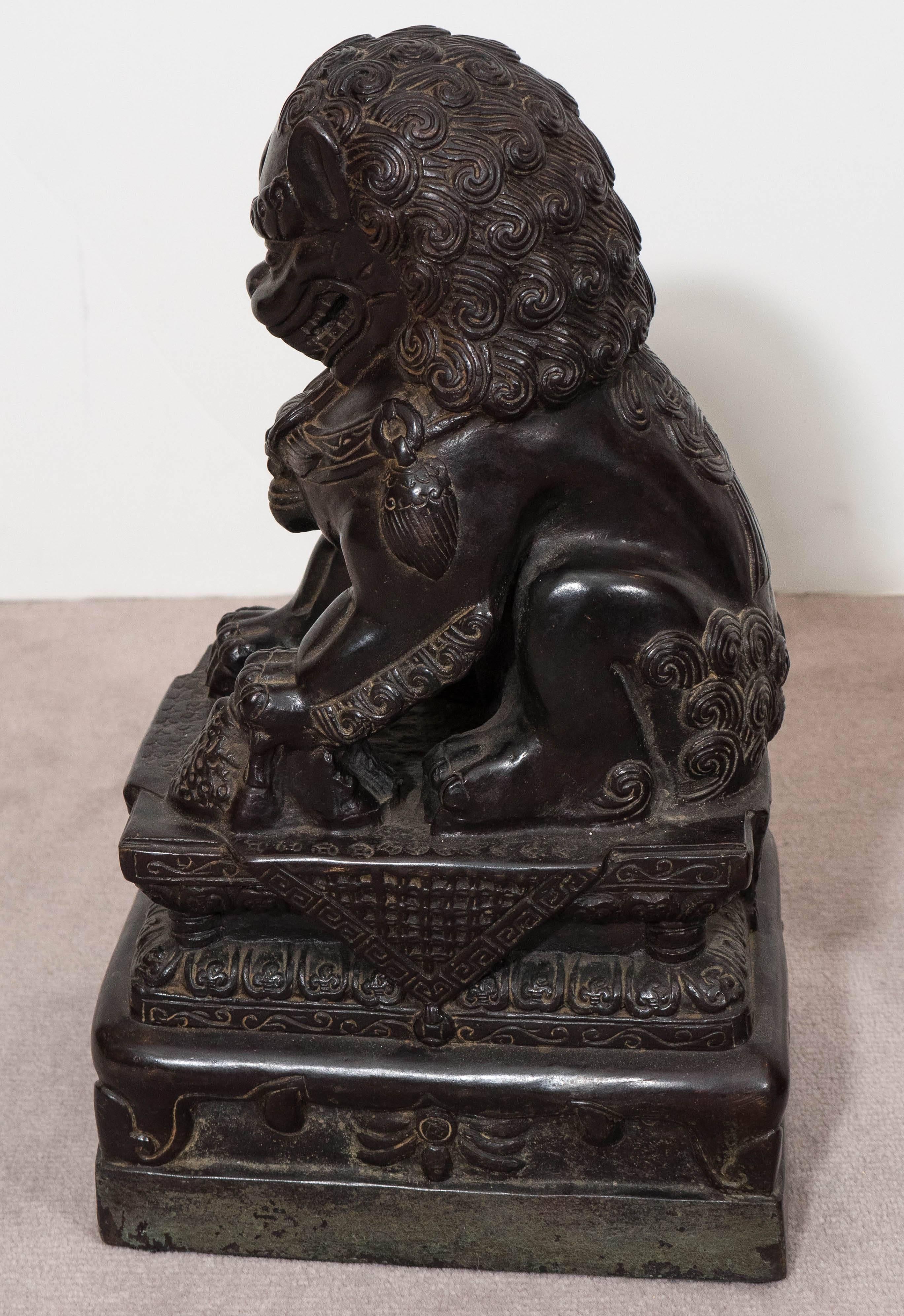 Pair of Chinese Foo Dogs on Pedestals in Bronze 2