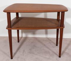 Pair of Peter Hvidt Two-Tier End Tables in Teak with Cane Shelf for France & Son