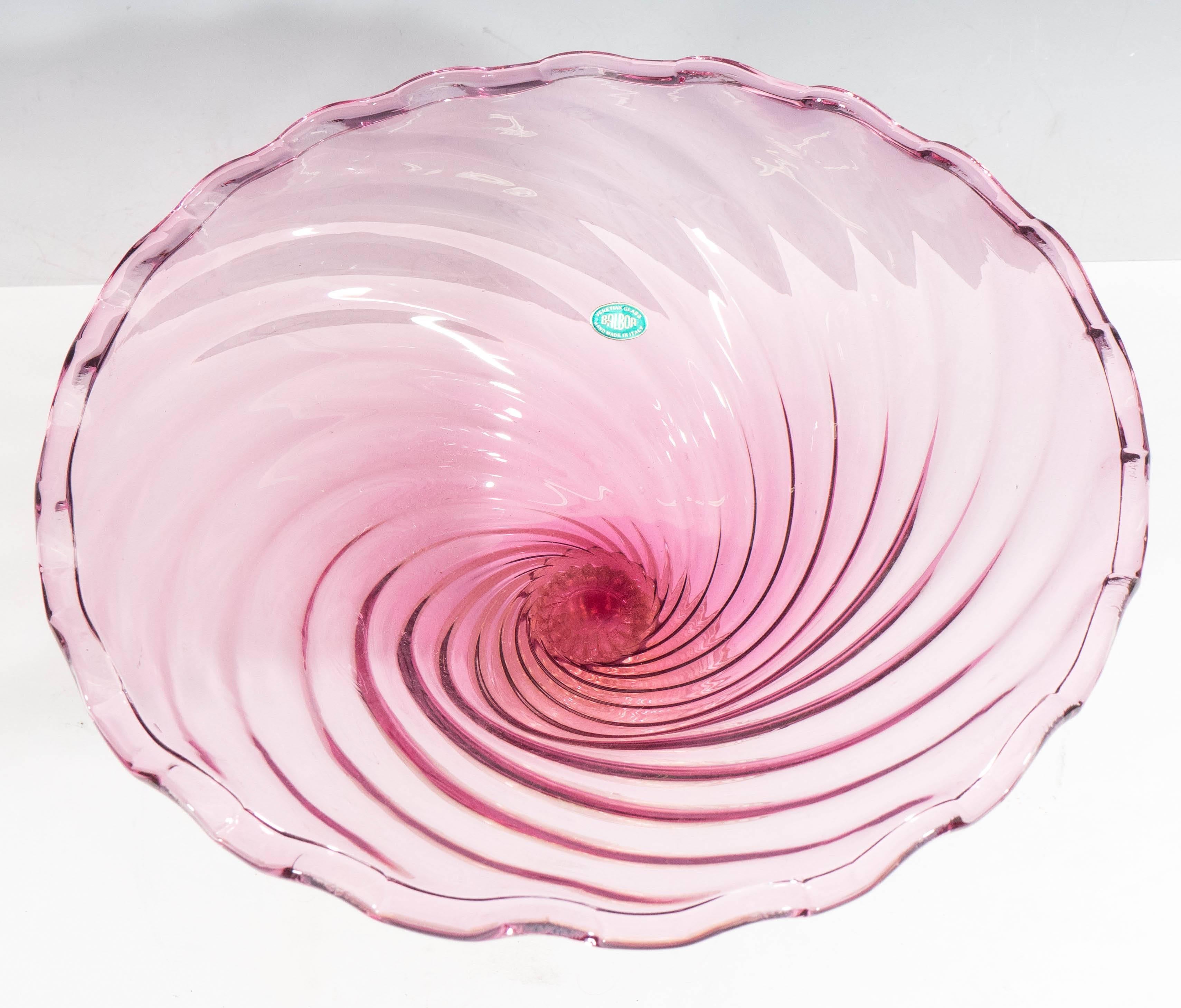 Italian Mid-Century Fratelli Toso Pink Glass Bowl with Infused Gold Pedestal