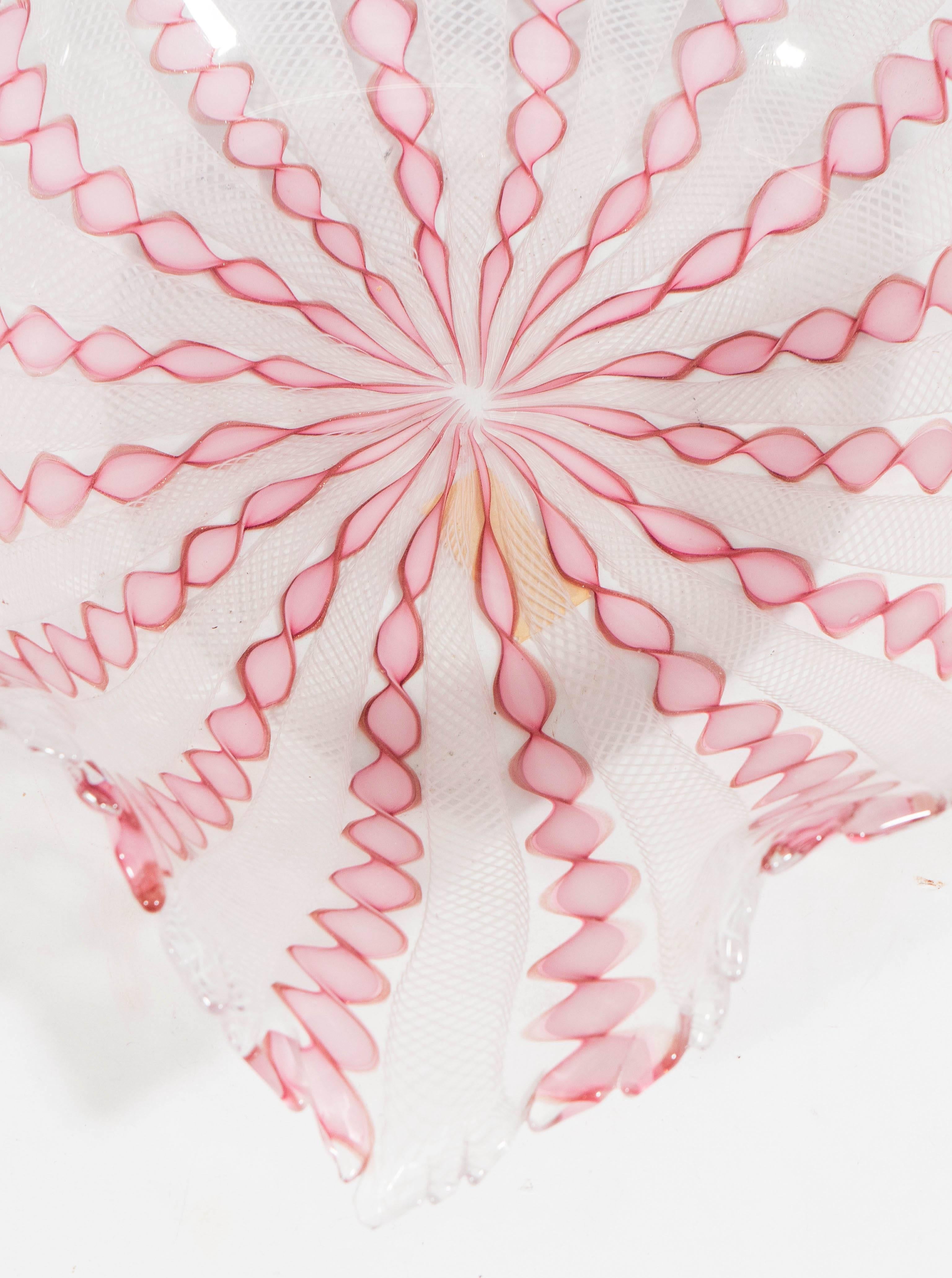 Italian Mid-Century Handblown Murano Glass Leaf Bowl with Pink and White Latticino