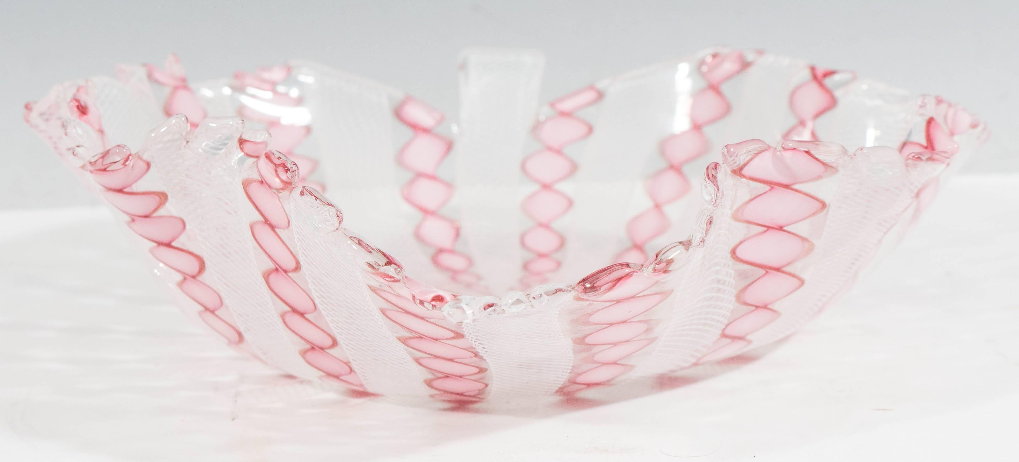 Blown Glass Mid-Century Handblown Murano Glass Leaf Bowl with Pink and White Latticino