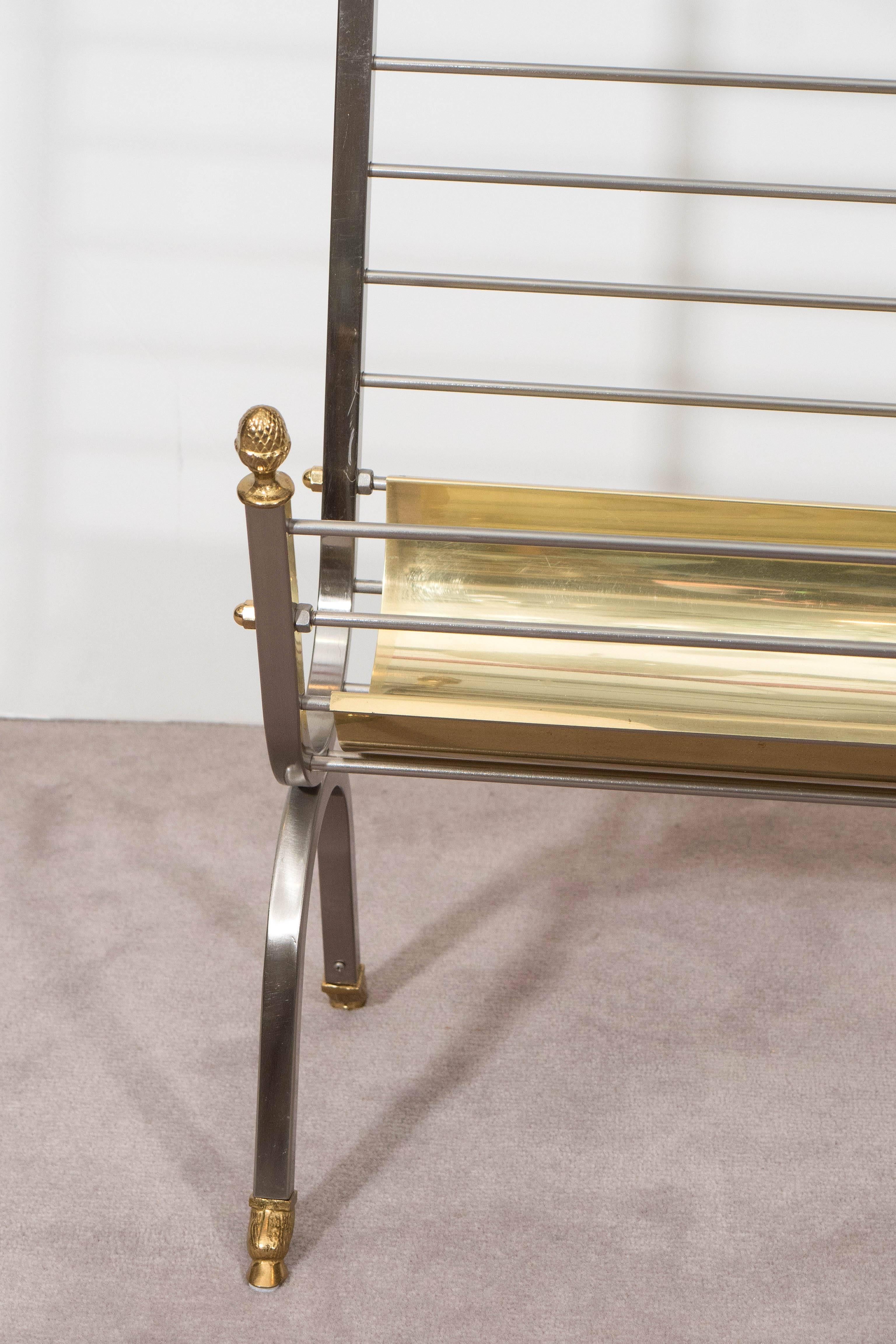 Modern Mid-Century Brushed Steel and Brass Magazine Rack in the Style of Maison Jansen