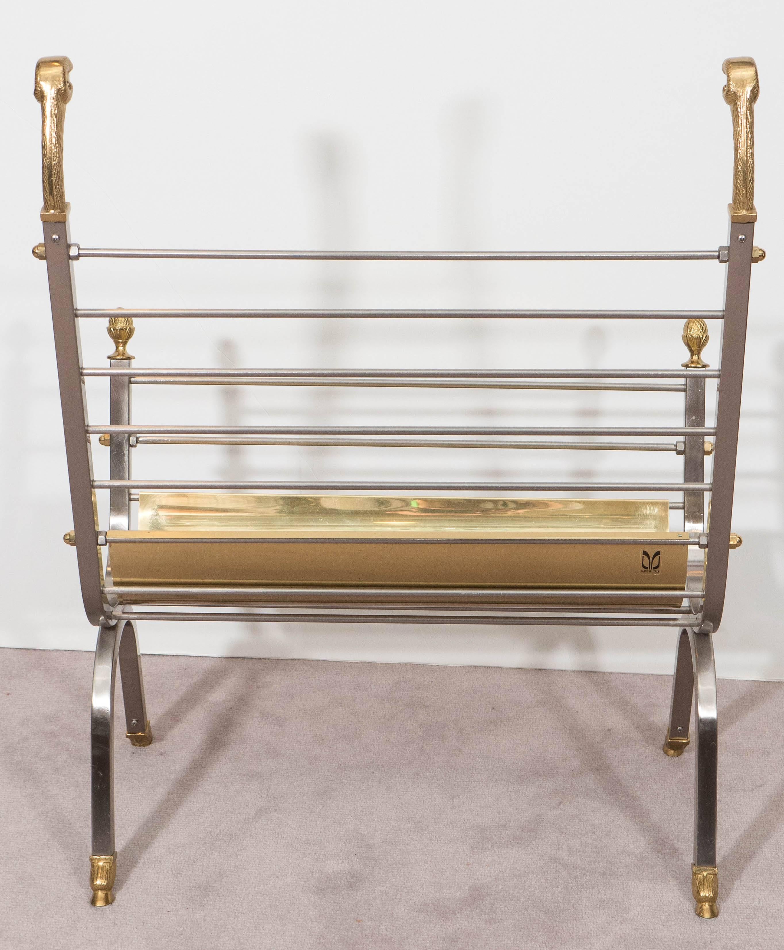 Mid-Century Brushed Steel and Brass Magazine Rack in the Style of Maison Jansen In Good Condition In New York, NY