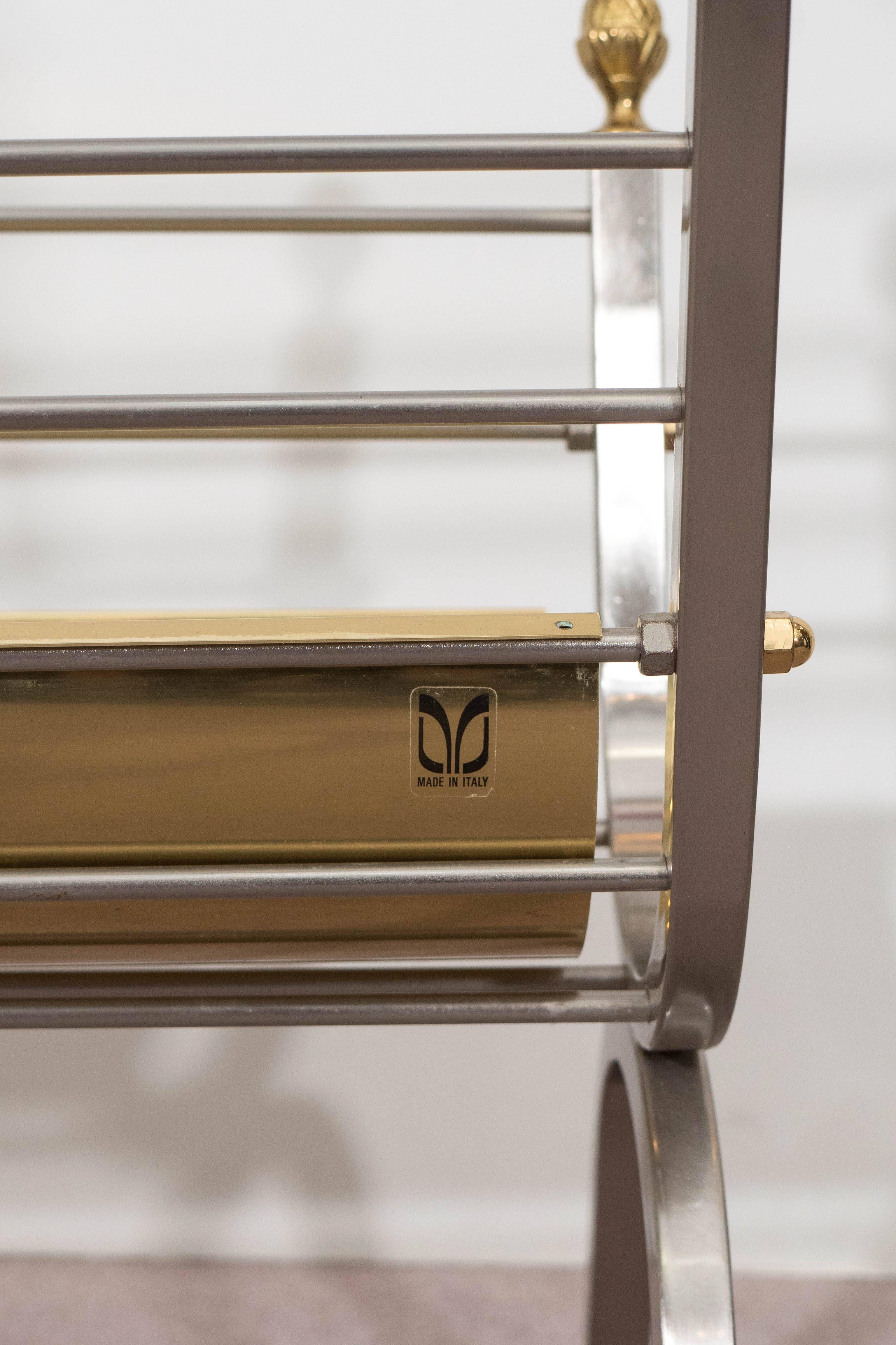 Late 20th Century Mid-Century Brushed Steel and Brass Magazine Rack in the Style of Maison Jansen