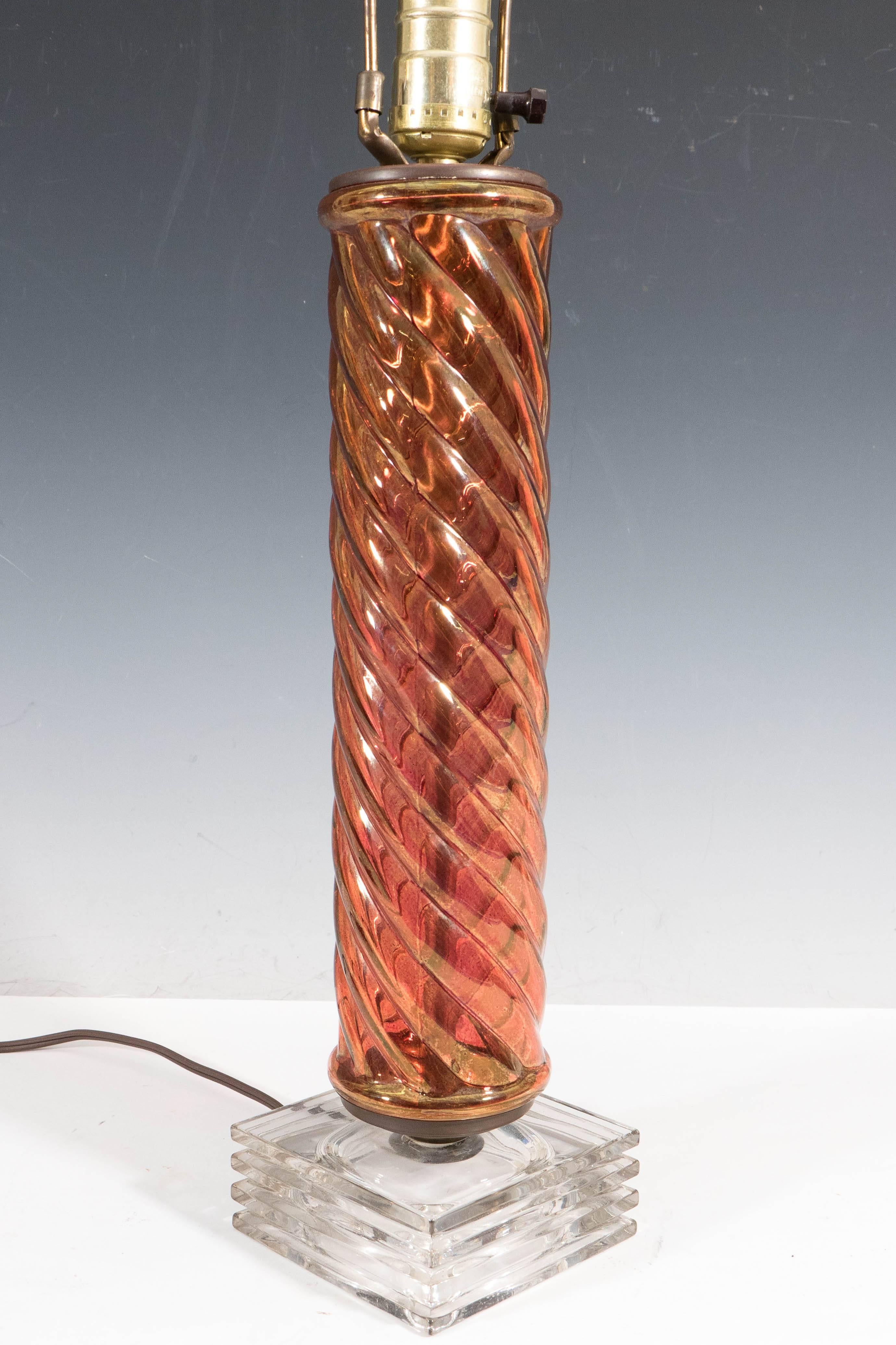 Brass Pair of Glass Serpentine Column Lamps in Iridescent Amber on Glass Bases