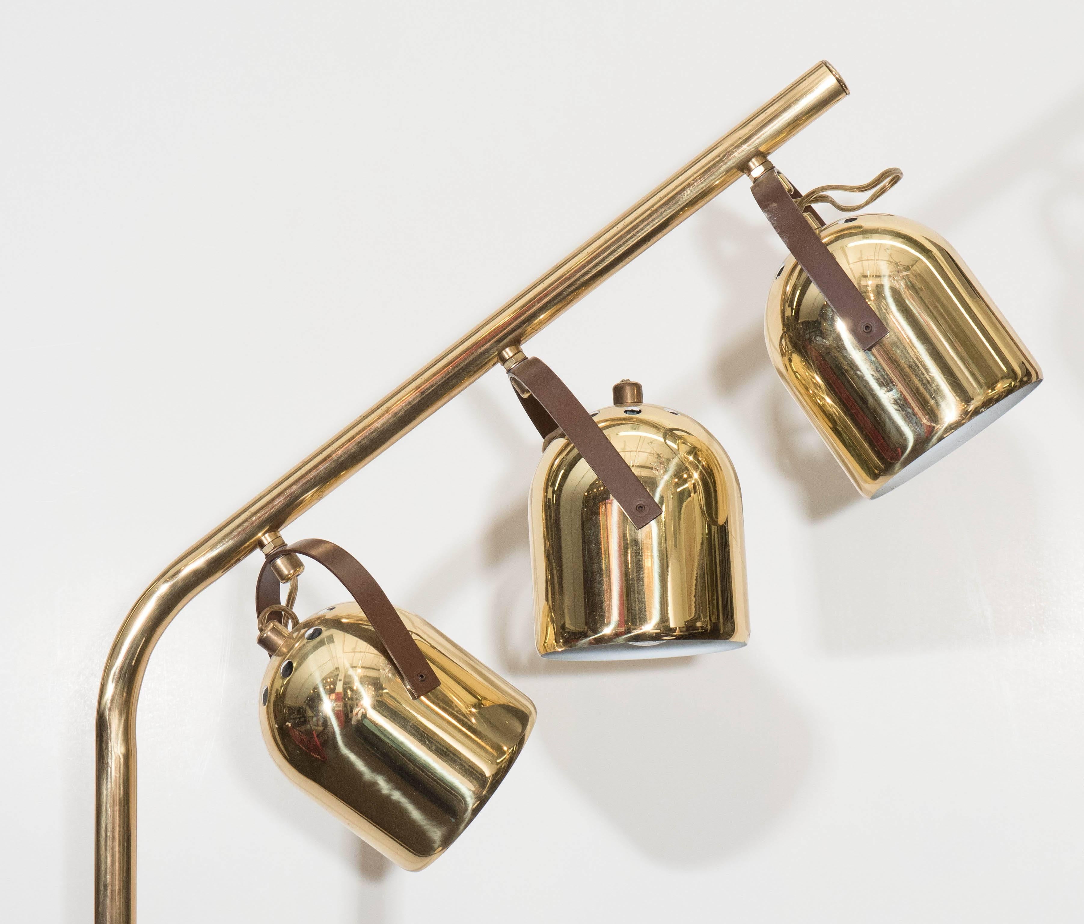 Polished Mid-Century Koch and Lowy Brass Floor Lamp with Three Pivoting Heads For Sale
