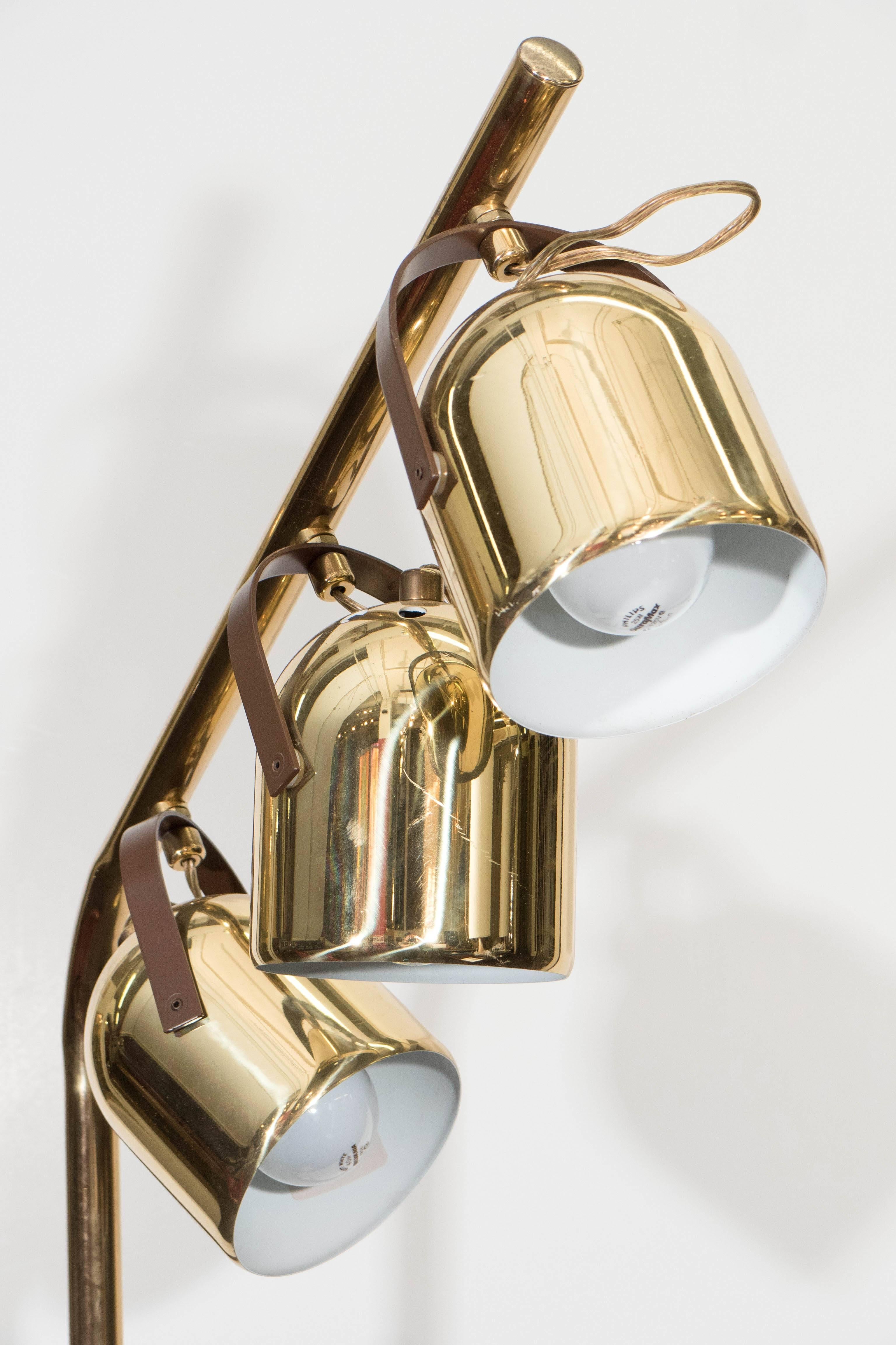 Mid-Century Koch and Lowy Brass Floor Lamp with Three Pivoting Heads In Good Condition For Sale In New York, NY