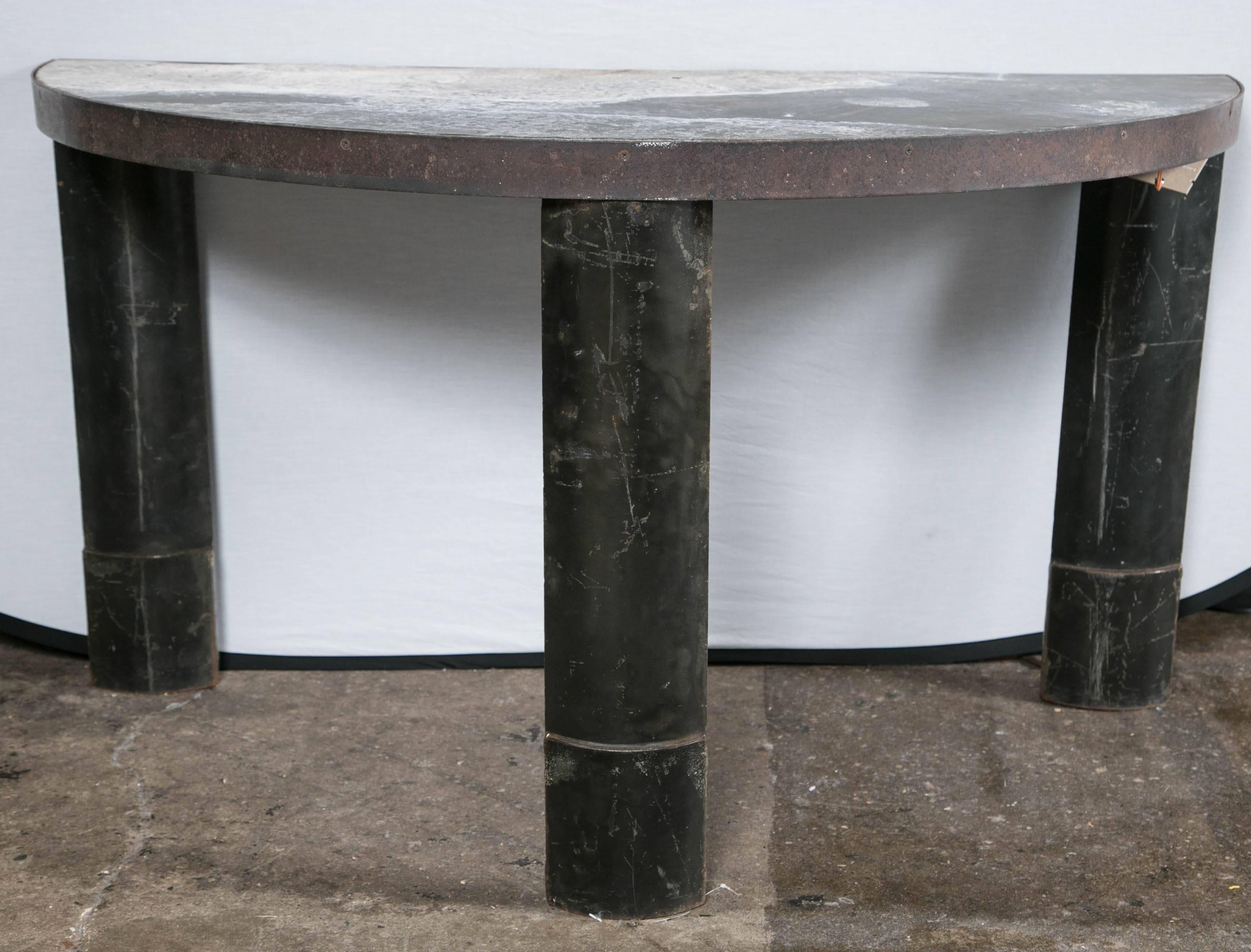 Steel industrial base zinc top half round table.