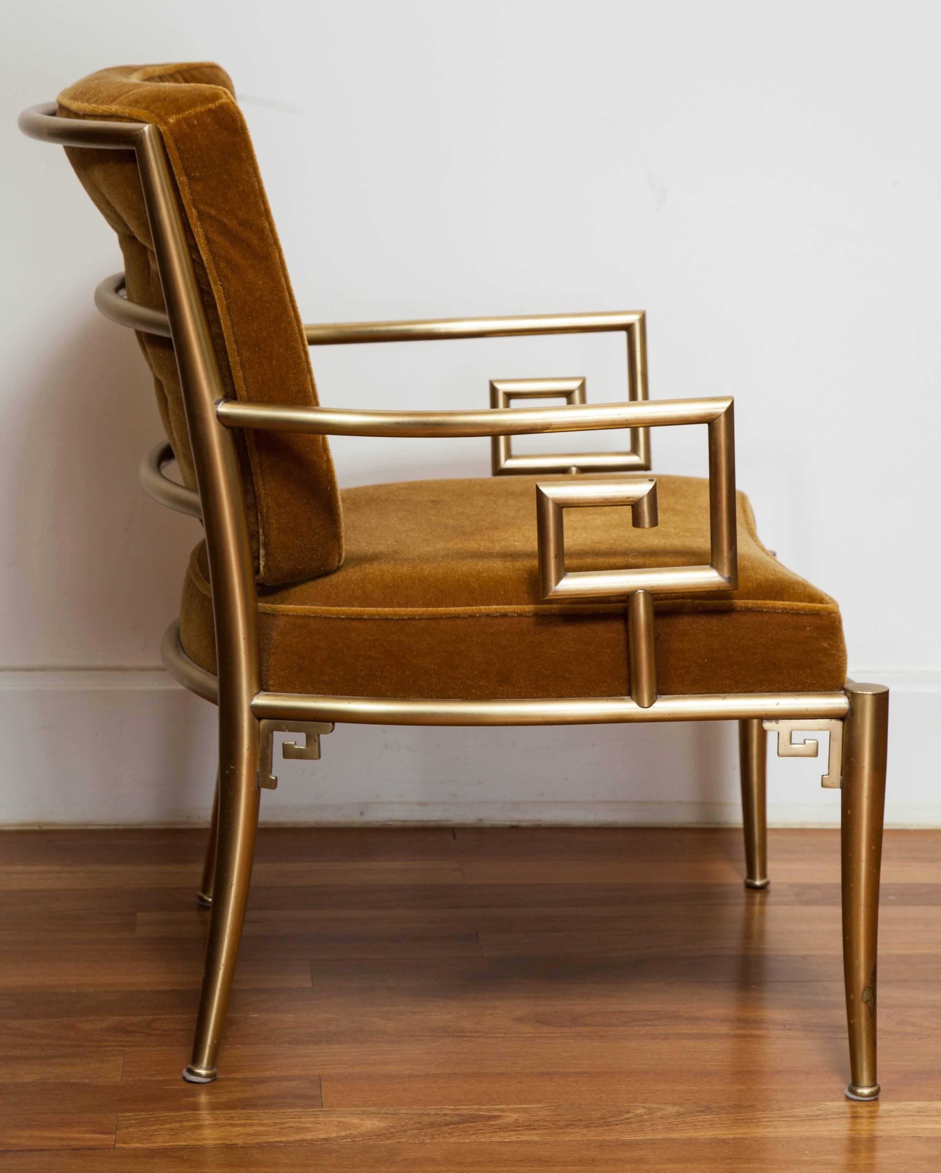Italian Pair of Jansen-Style Brass Greek Key Armchairs with Velvet Cushions