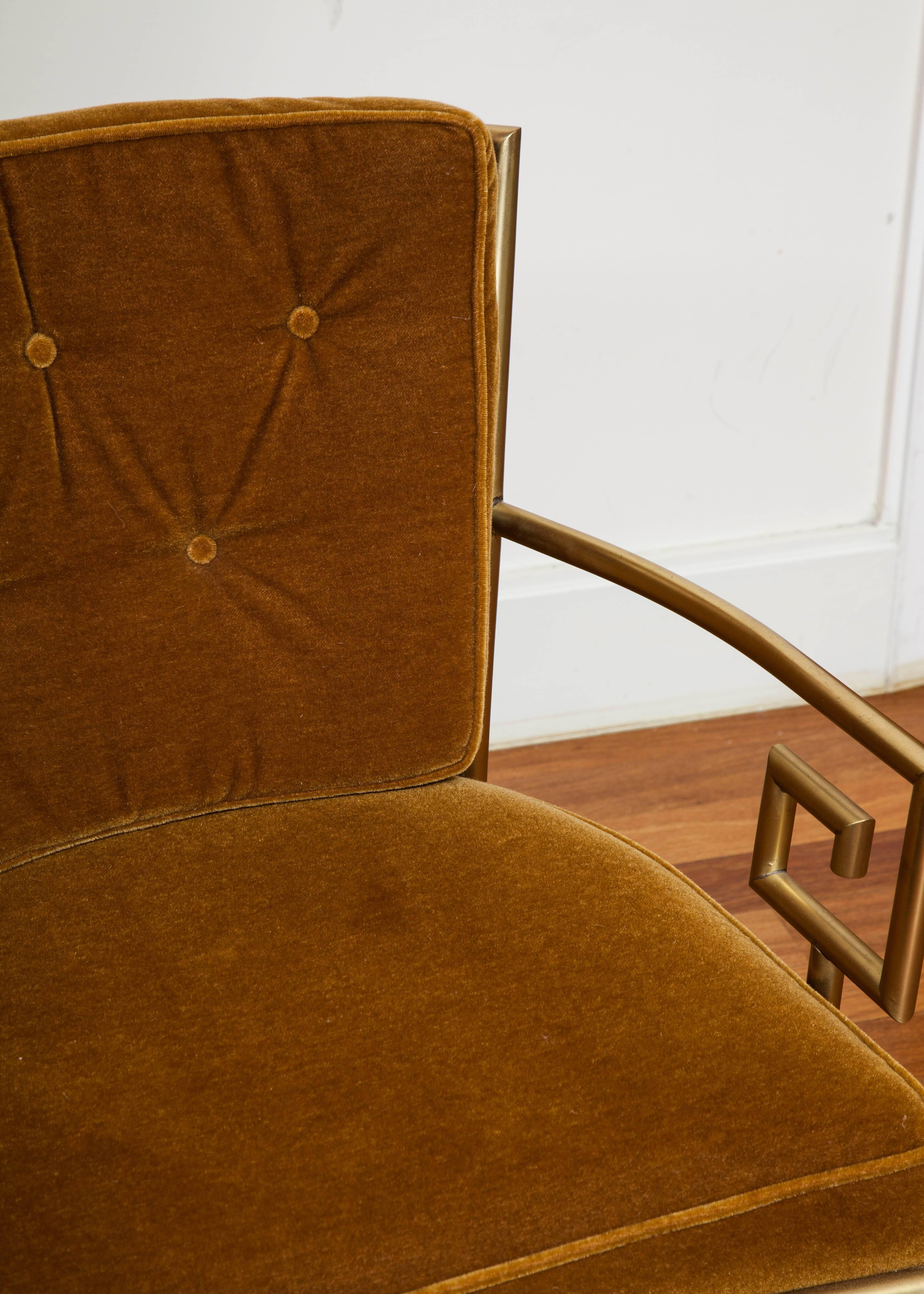 Pair of Jansen-Style Brass Greek Key Armchairs with Velvet Cushions 1
