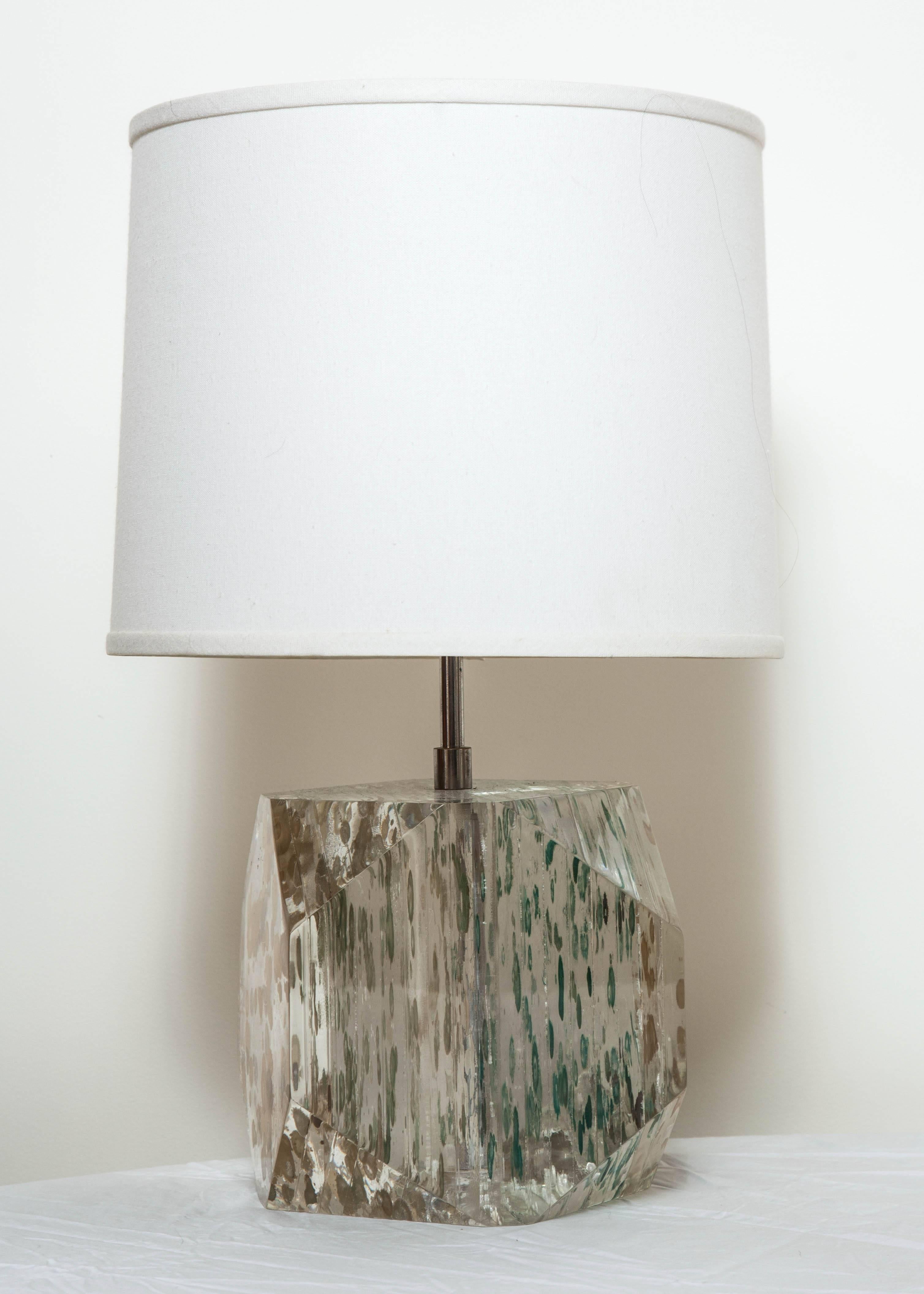 Octagonal layered Lucite table lamp by Freda Koblick with white linen shade. Lamping: 2 sockets, 100W max. Wired for USA.