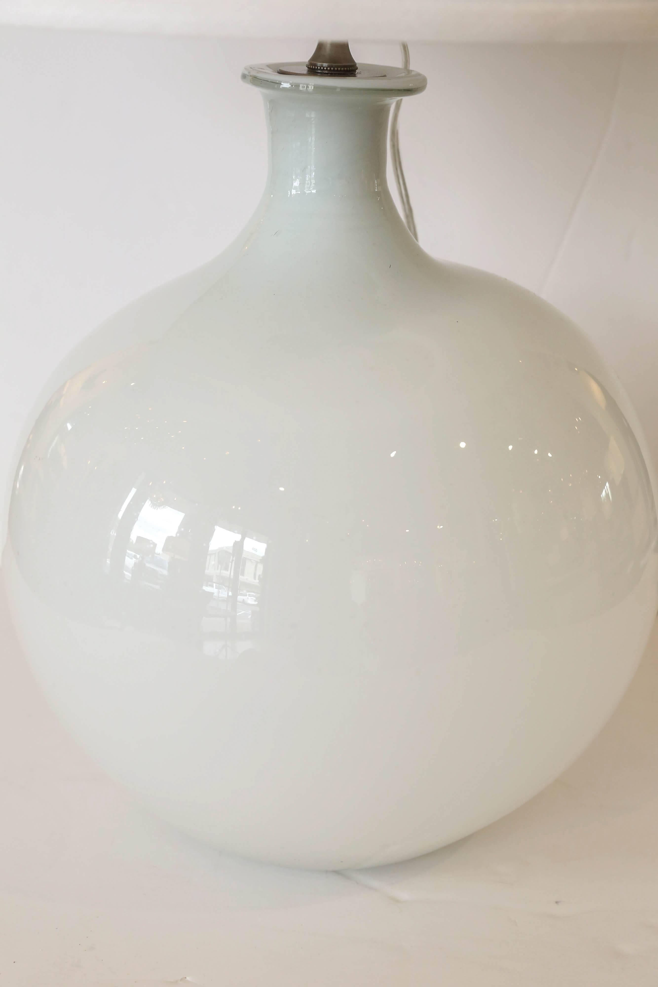 Mid-Century white opaque cased-glass Scandinavian vase wired as custom table lamp with linen shade.