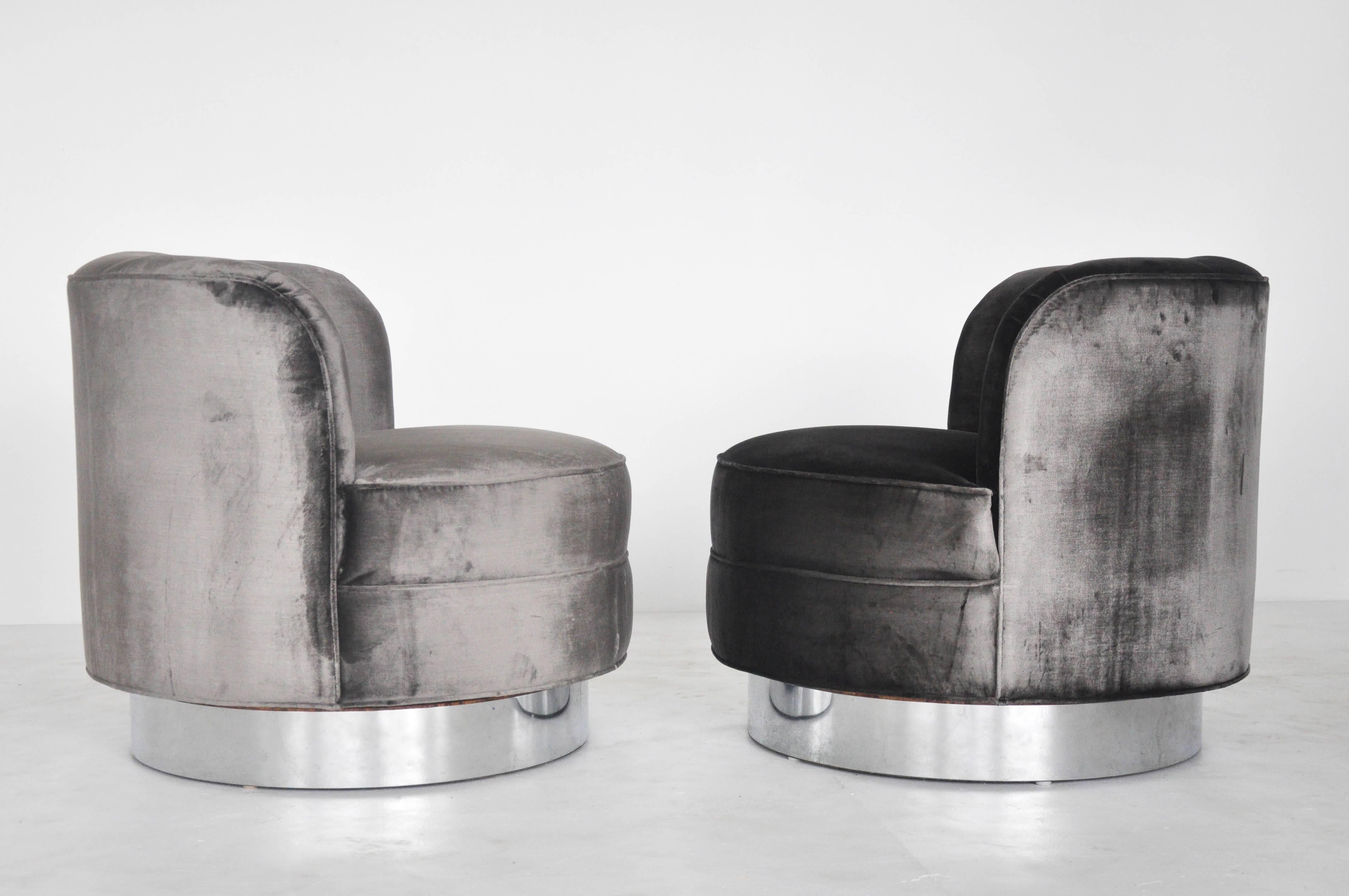 American 1970s Silk Velvet and Chrome Swivel Chairs
