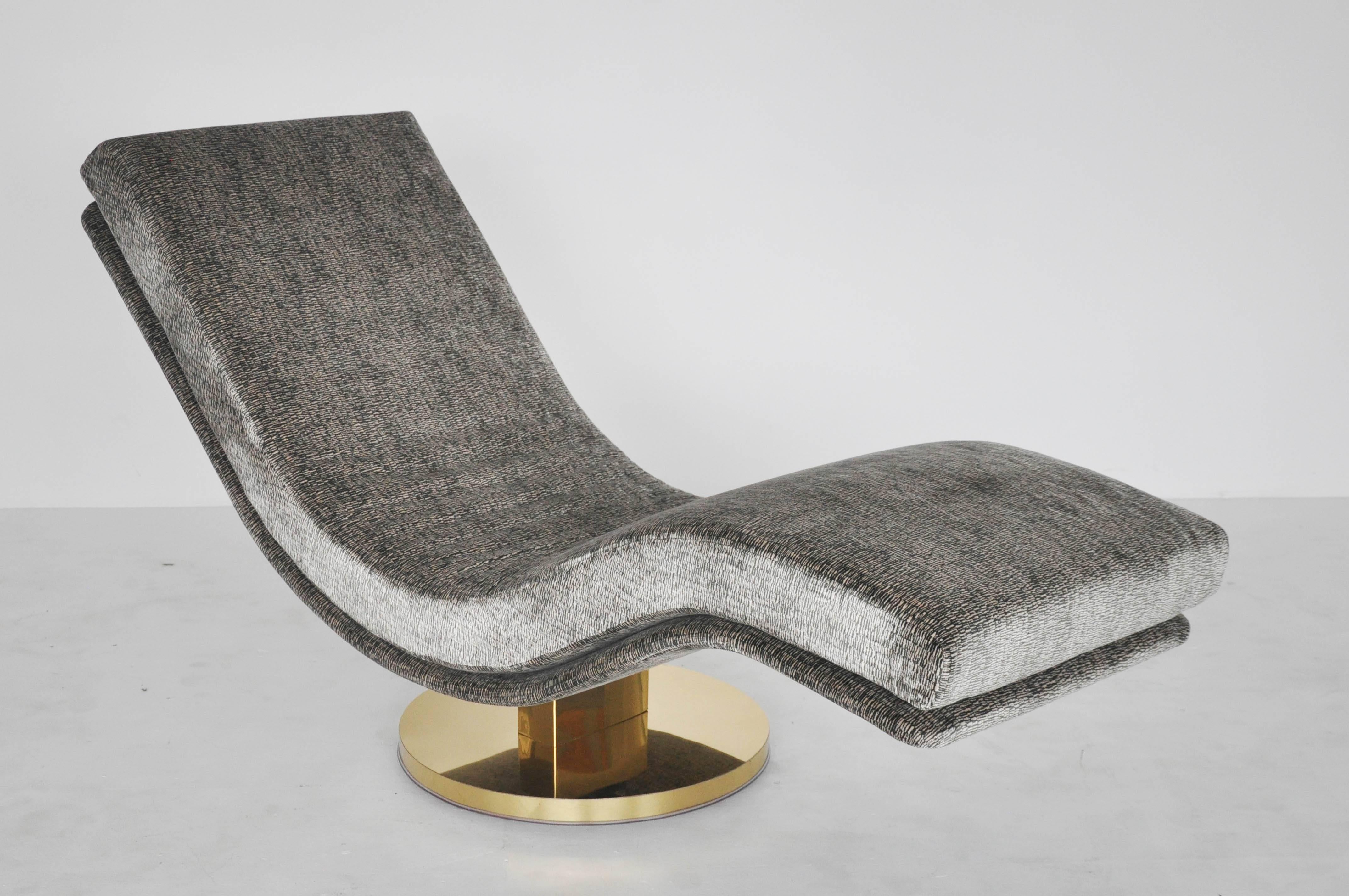 Brass base rocking/swivel chaise by Milo Baughman.  New velvet upholstery.