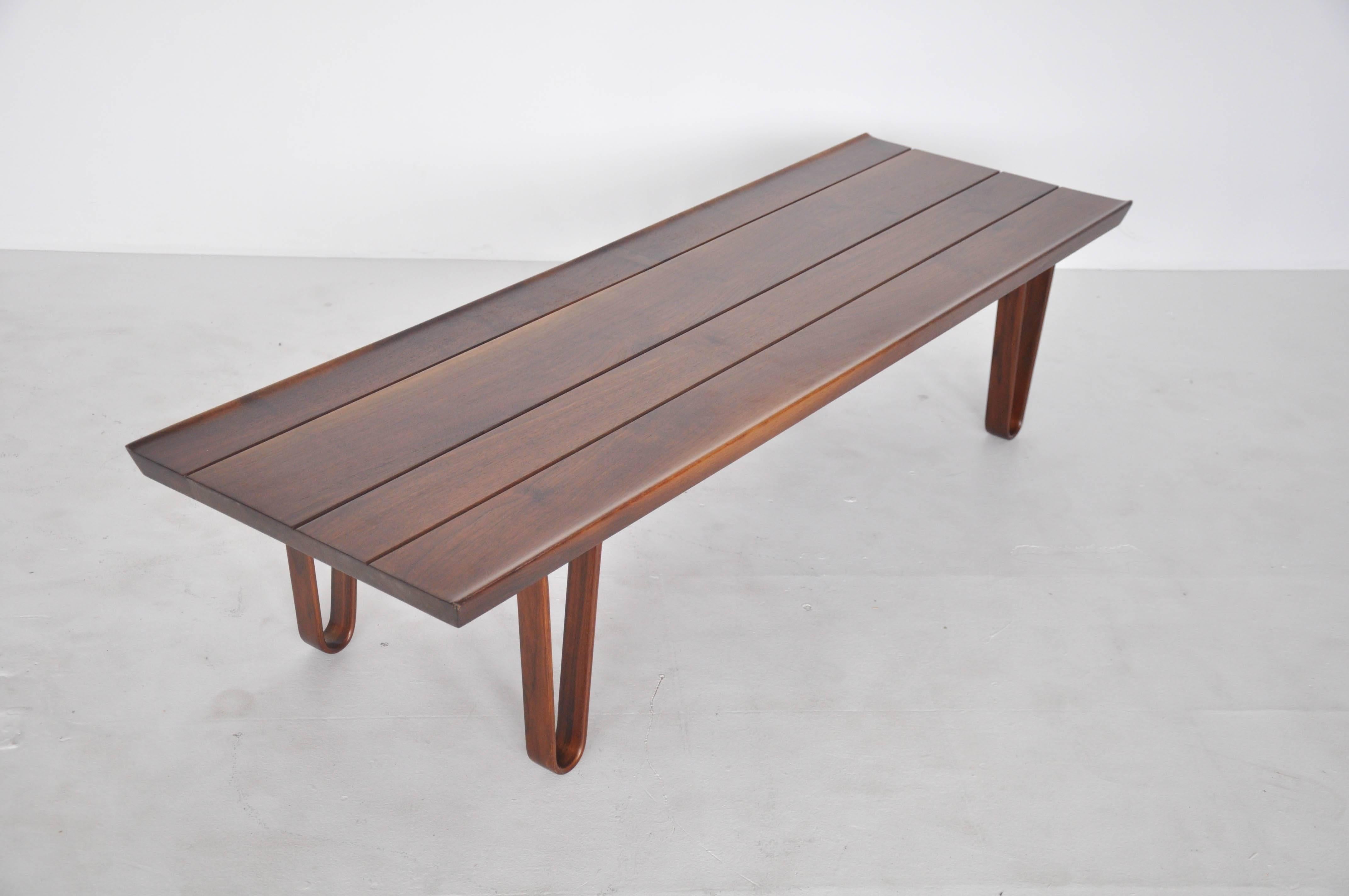 Edward Wormley Long-John bench by Dunbar.  Refinished solid sap walnut top over bentwood hairpin legs.  