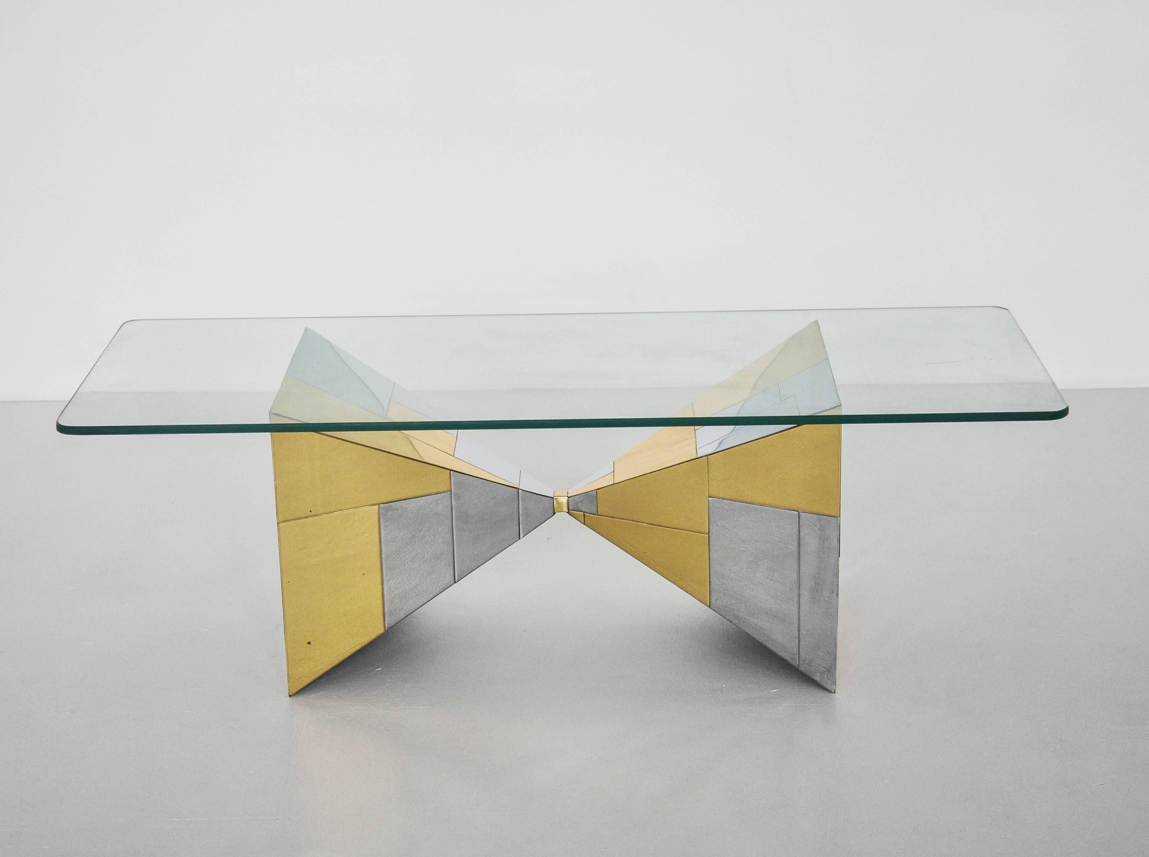Brass and chrome patchwork coffee table. Designed by Paul Evans for his Cityscape line.