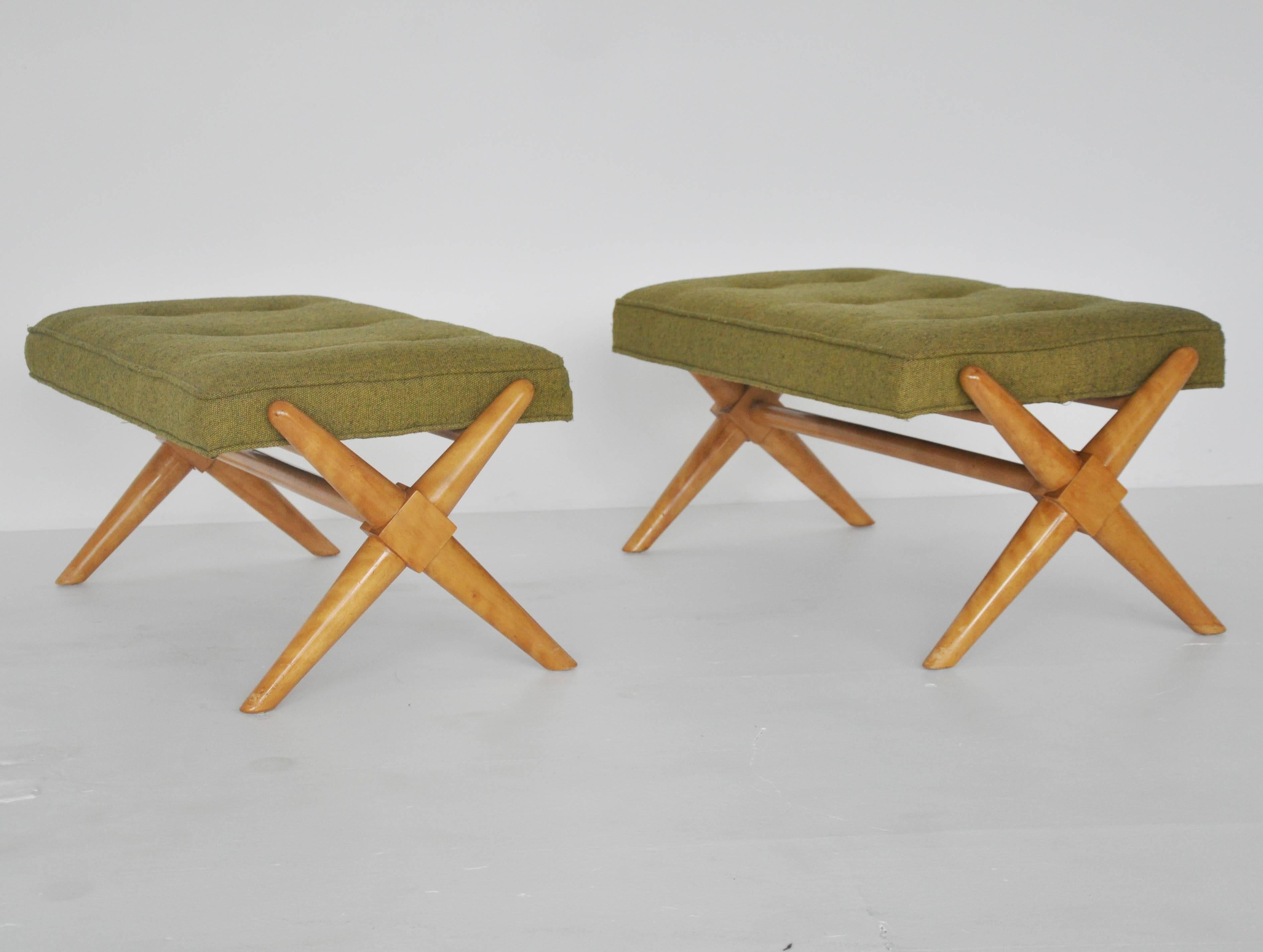 Pair of X-base benches. Model number 1683, by T.H. Robsjohn-Gibbings for Widdicomb, American, circa 1950.