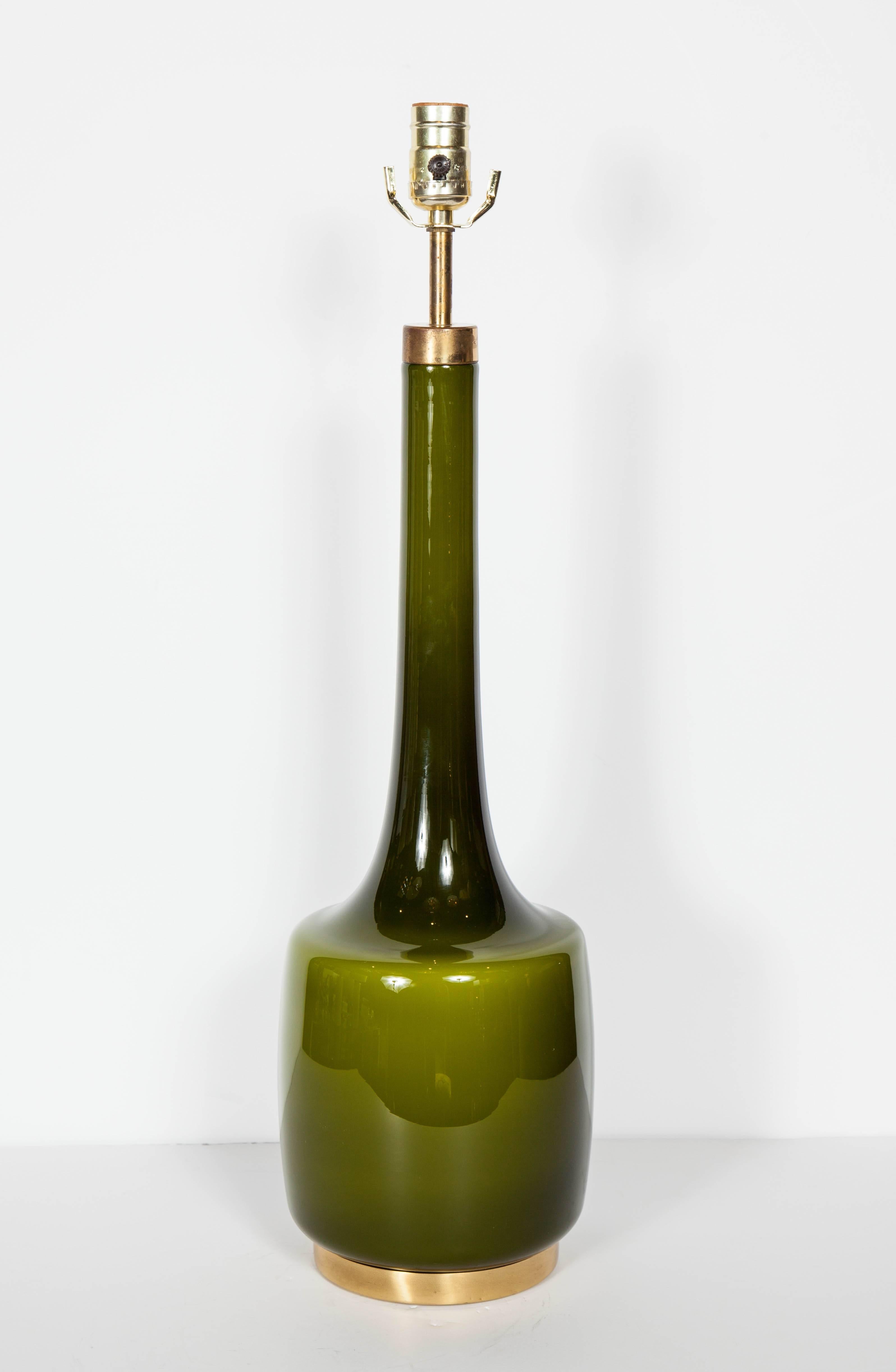 Blown Glass Pair of Moss Green Scandinavian Modern Lamps by Holm Sorenson