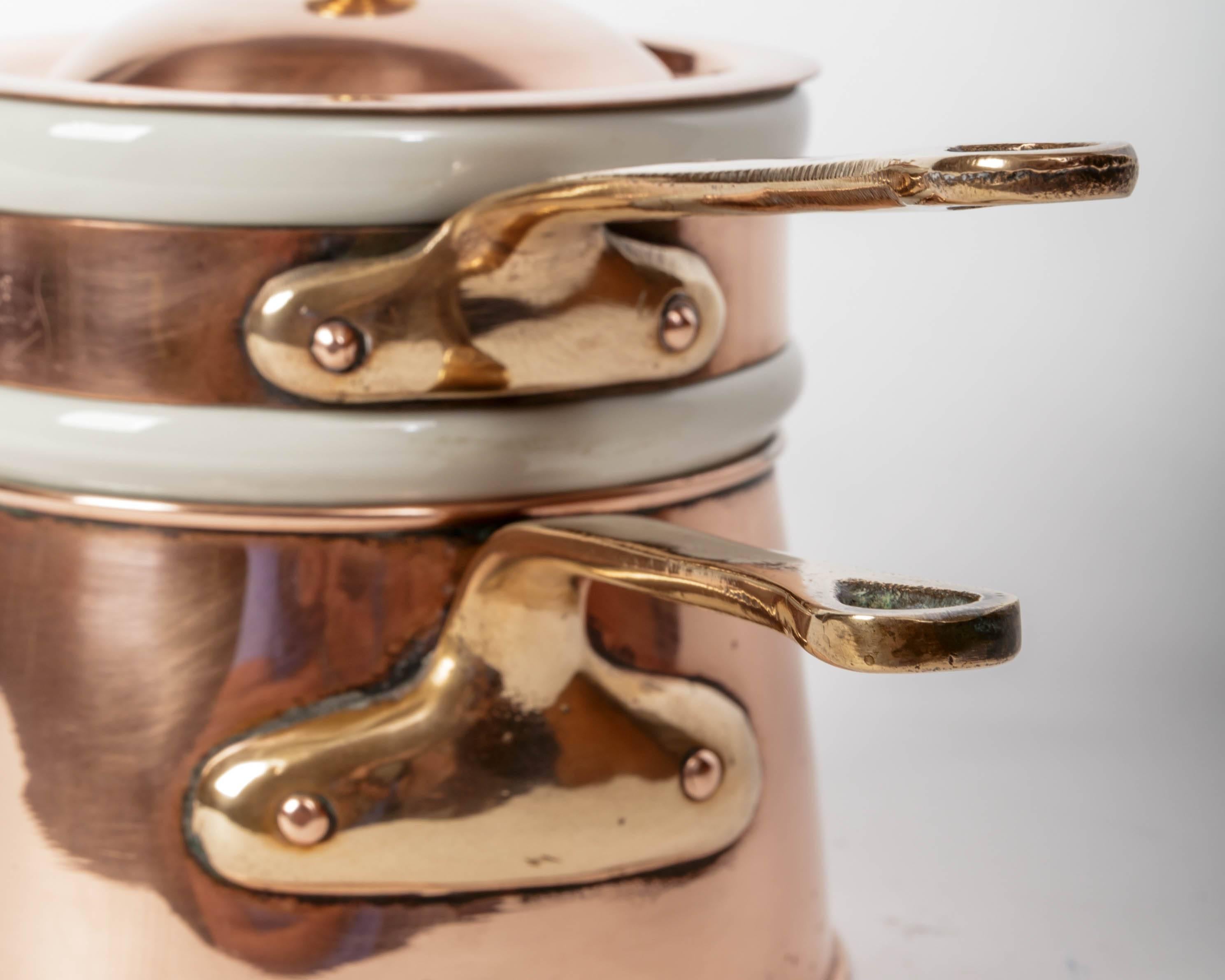 American Copper and Brass Double Boiler with White Ceramic Sauce Pot