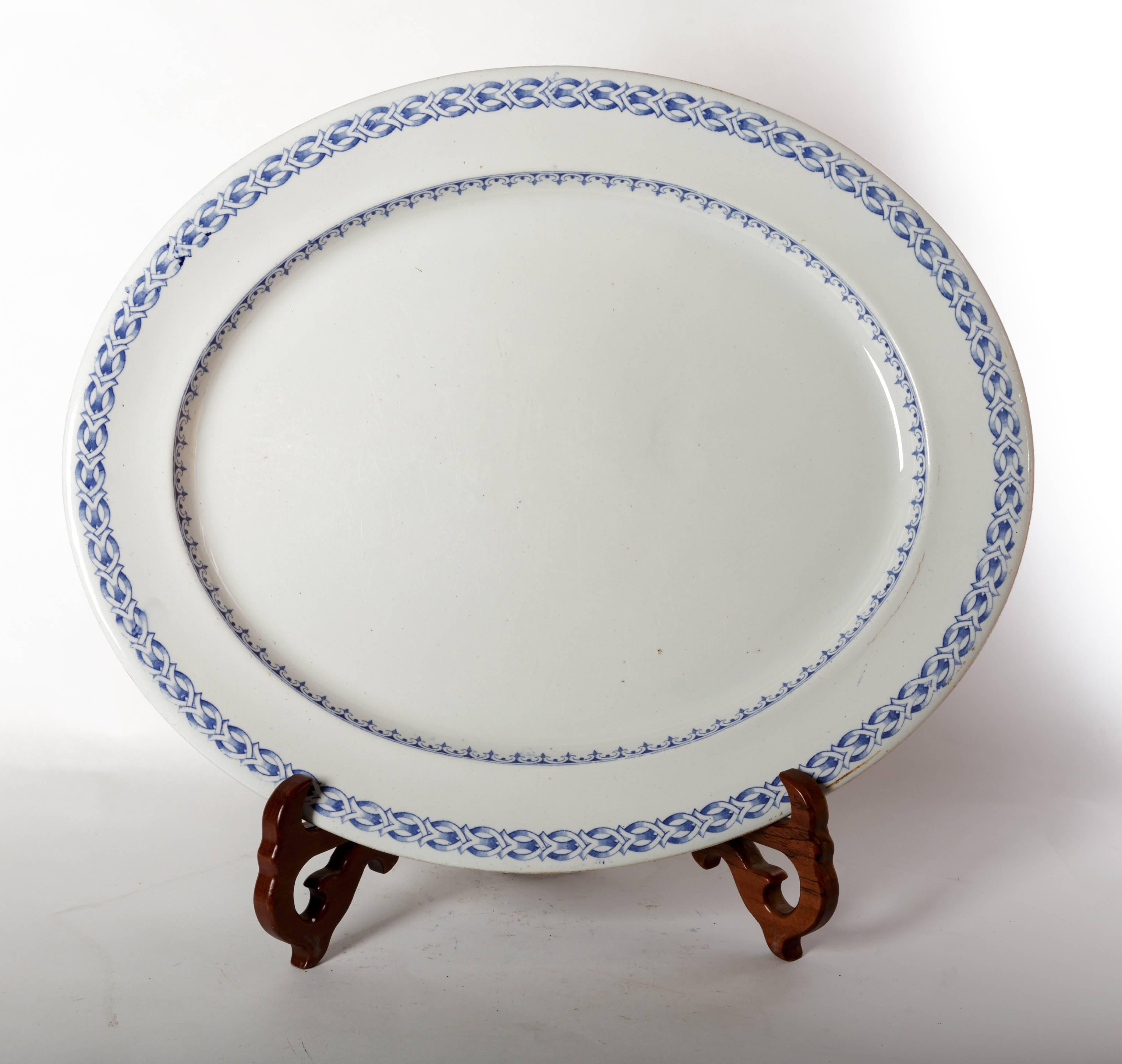 Fired Large Oval English Davenport Blue and White Transfer Ware Platter For Sale