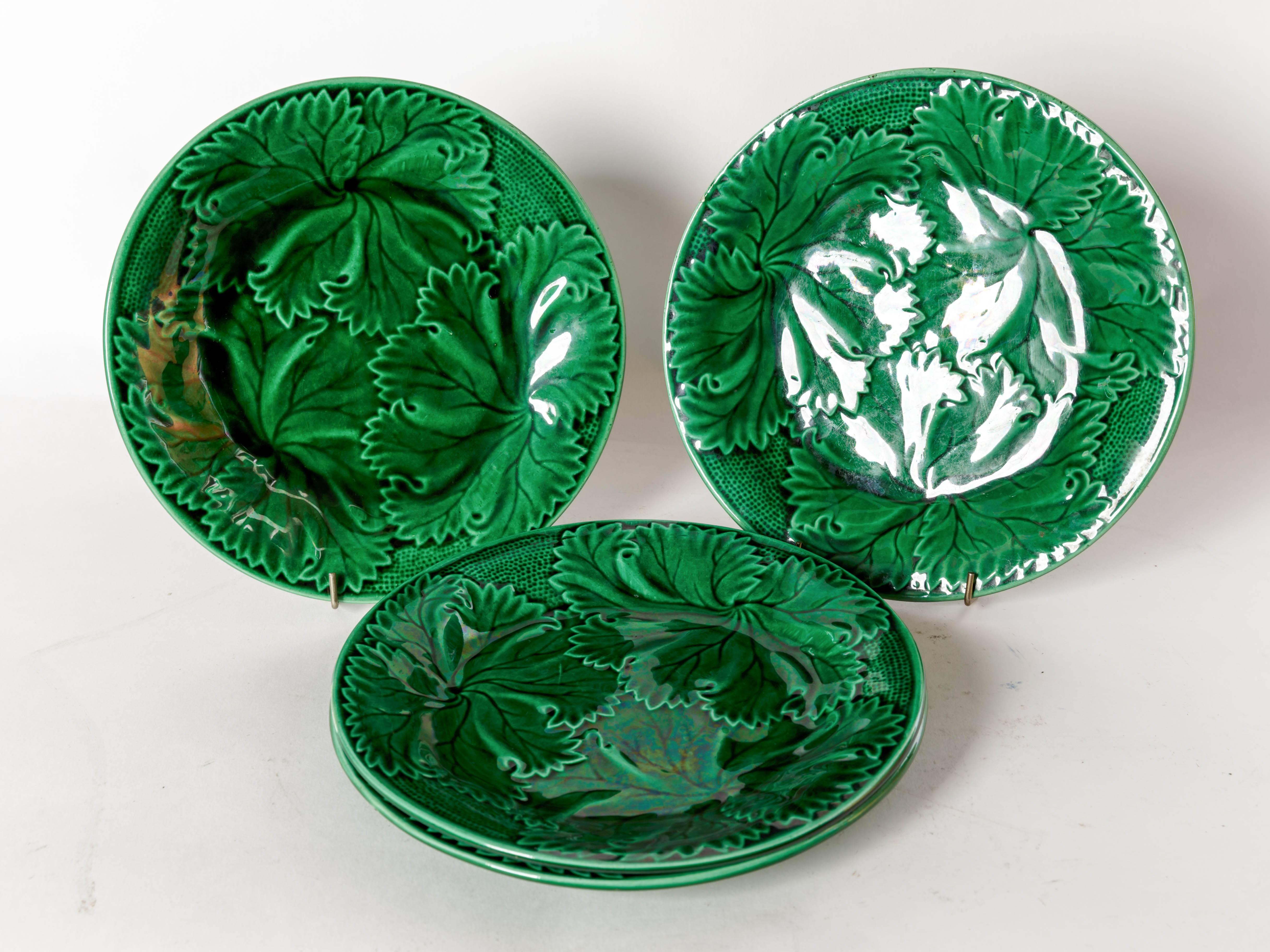 Victorian Four French Green Majolica Leaf Pattern Salad Plates