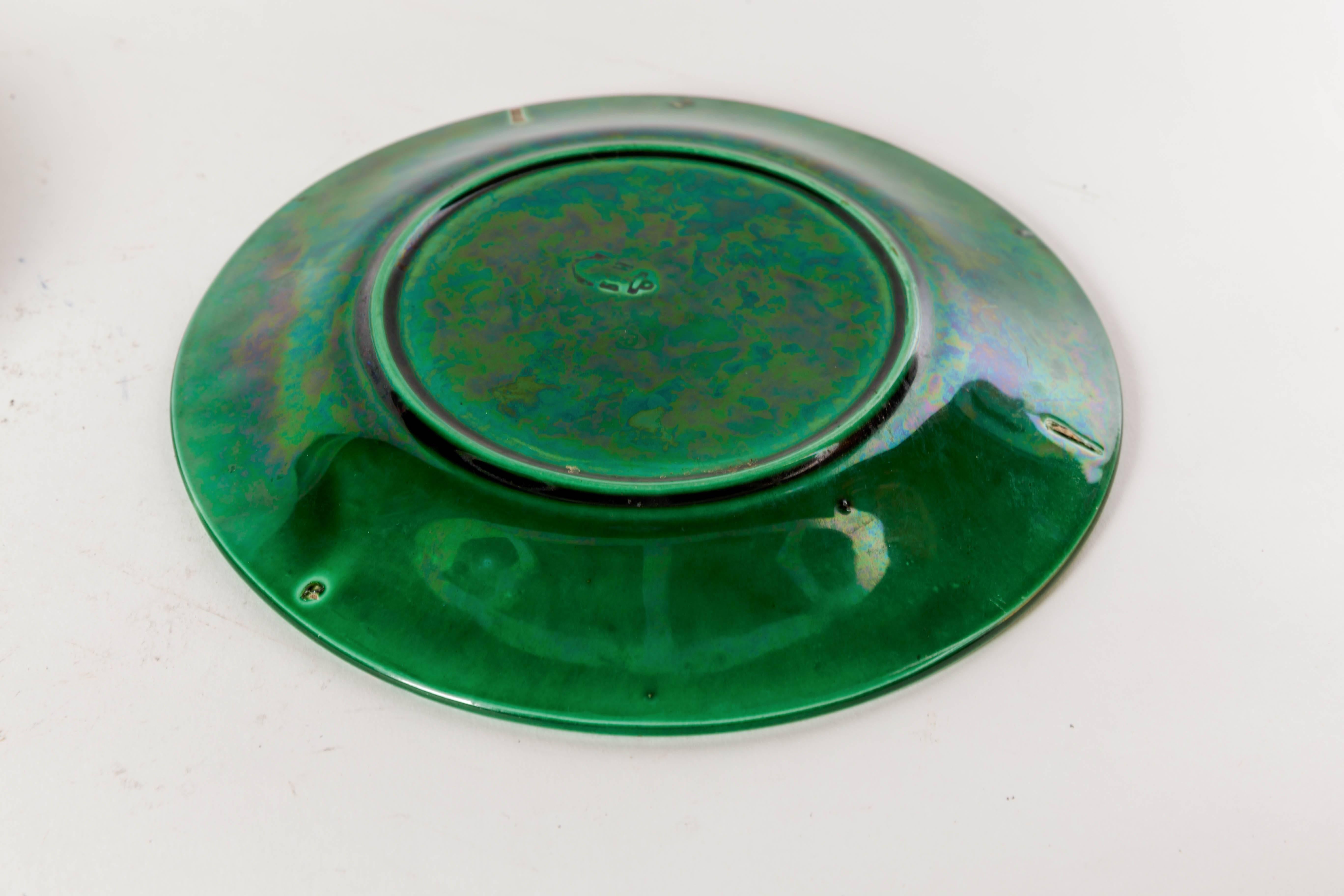 Late 19th Century Four French Green Majolica Leaf Pattern Salad Plates