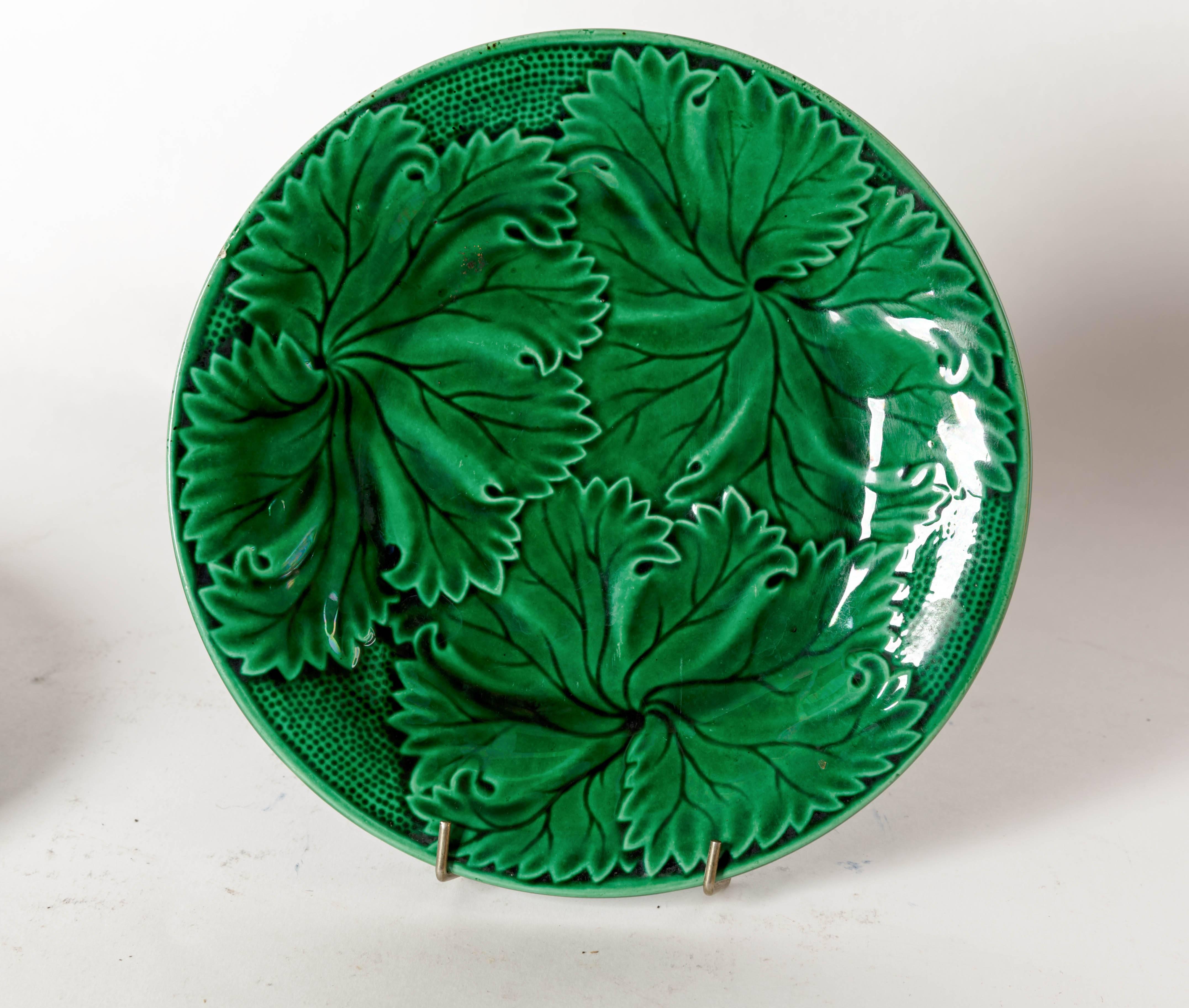 Pottery Four French Green Majolica Leaf Pattern Salad Plates